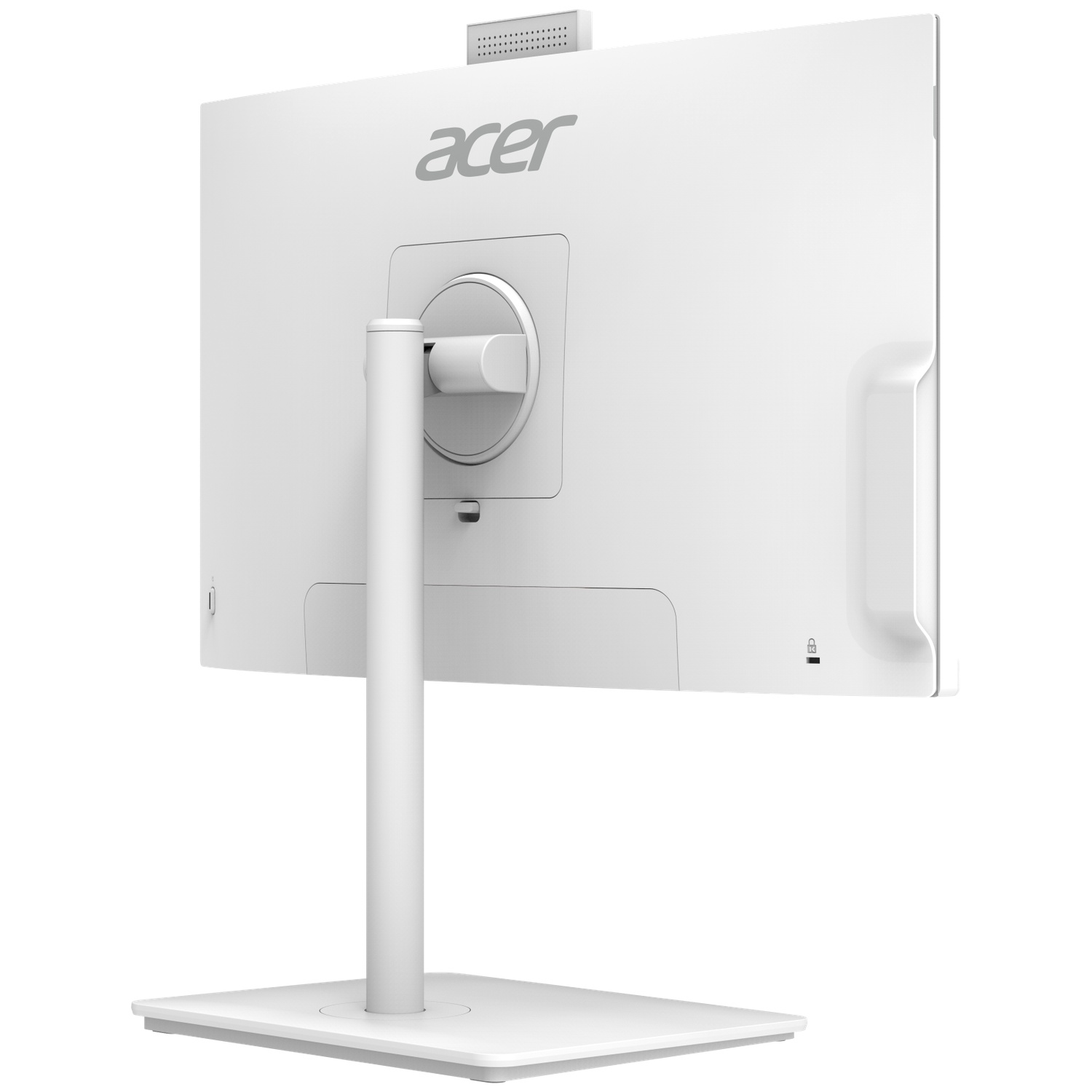 Witte Acer all-in-one computer. Achteraanzicht met standaard, poorten en Acer-logo. Webcam is zichtbaar.