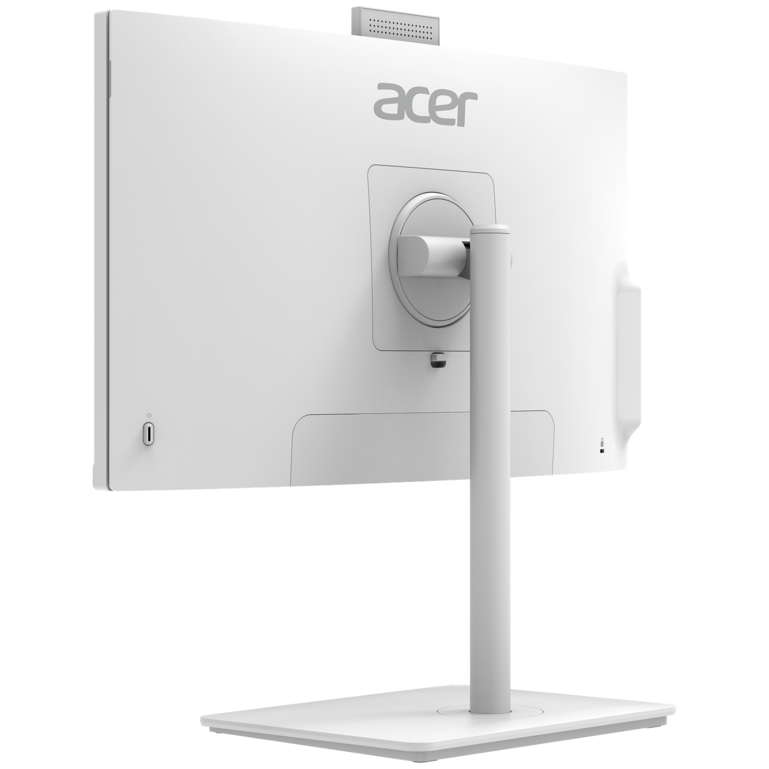 De achterkant van een witte Acer-monitor is zichtbaar. De standaard, het Acer-logo en de poorten zijn zichtbaar. De monitor staat op een wit oppervlak.