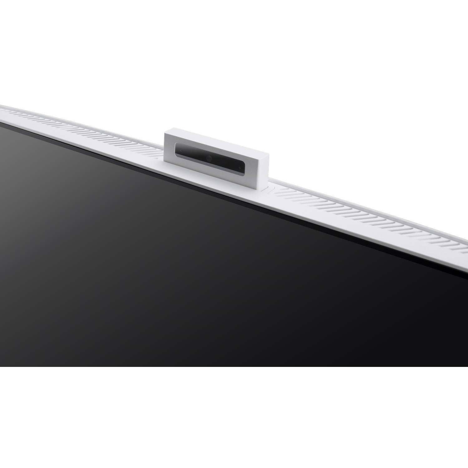 Close-up van een witte computermonitor met een zwart scherm. Een witte webcam staat erbovenop. Witte achtergrond.