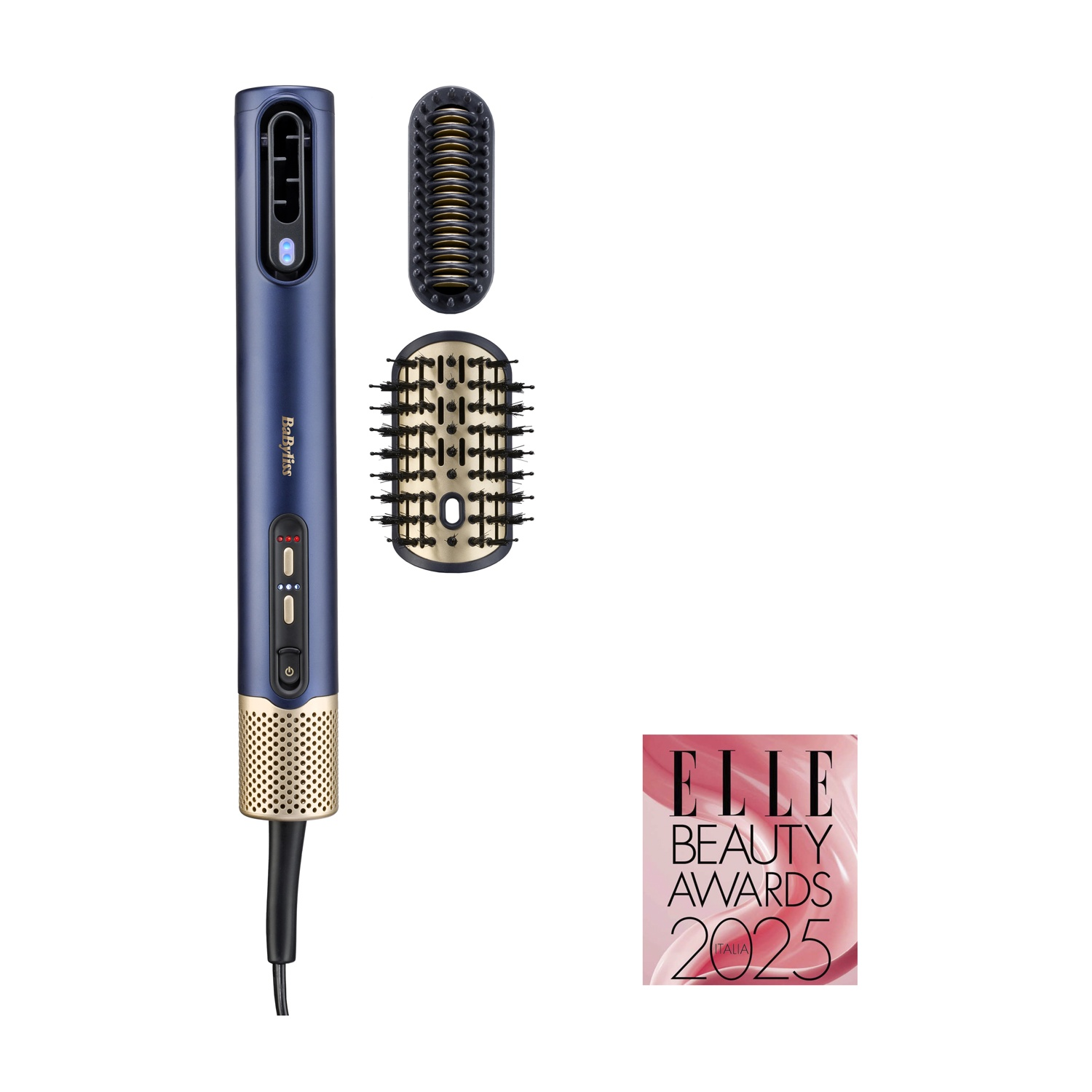 Un'arricciacapelli blu e oro con tre accessori e un logo rosa Elle Beauty Awards Italia 2025 su sfondo bianco.