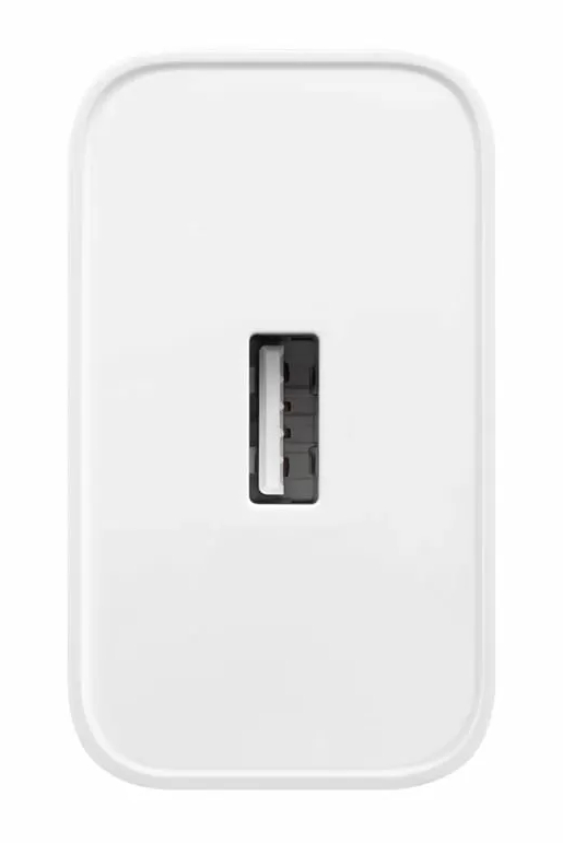 Biała prostokątna ładowarka USB z zaokrąglonymi rogami. Posiada czarny port USB pośrodku.