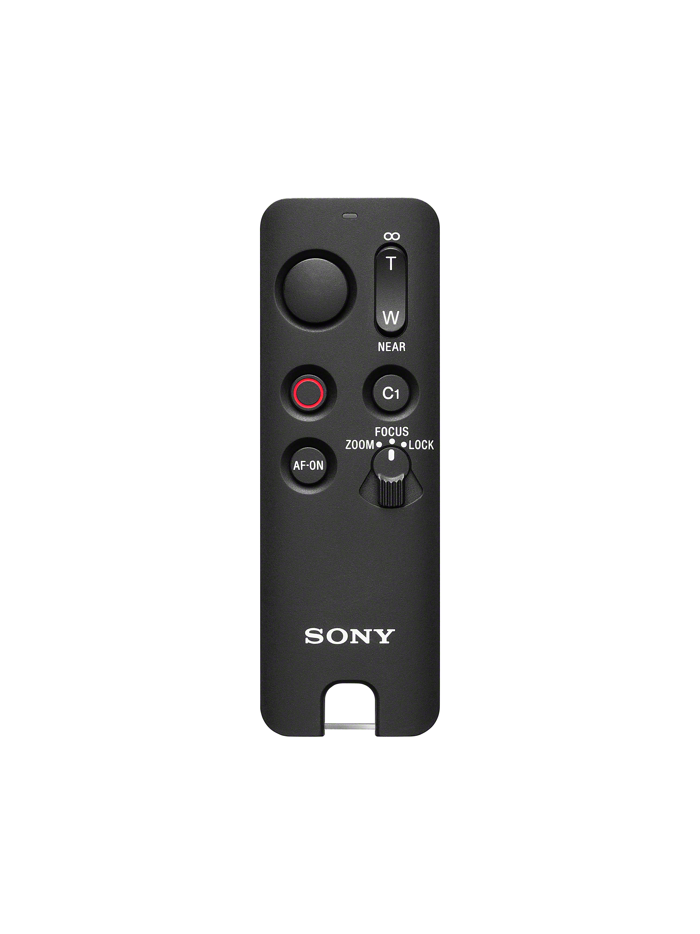 Télécommande noire Sony pour appareil photo avec boutons et molette, sur fond blanc.