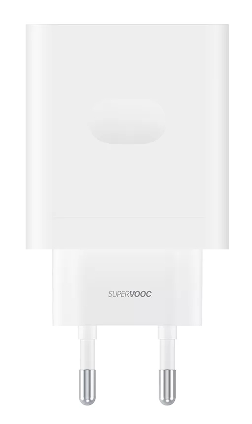 Biała ładowarka SuperVooc z dwoma srebrnymi pinami. Ładowarka ma prostokątny korpus z lekko zaokrągloną górą.