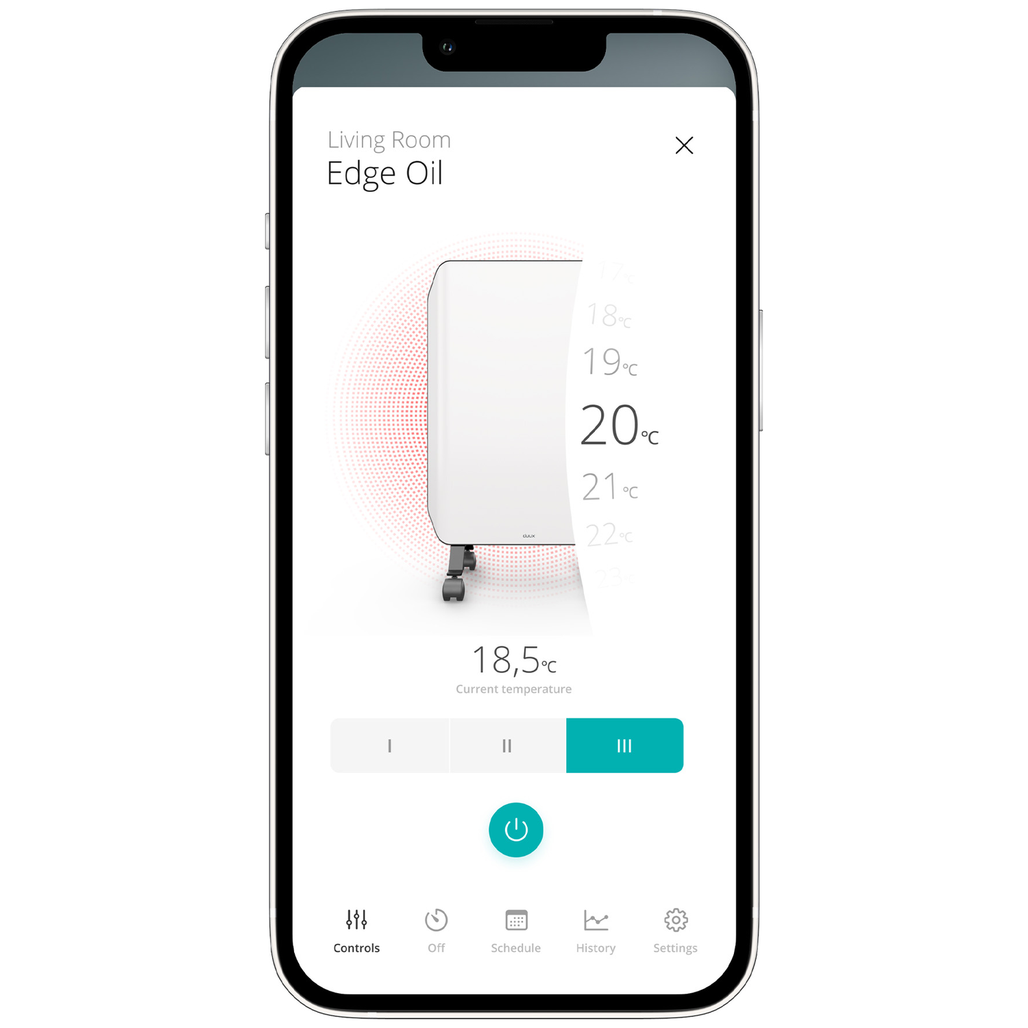 Smartphone met interface van de verwarmingstoepassing. Toont temperatuurinstellingen en bedieningselementen. De huidige temperatuur is 18,5°C.