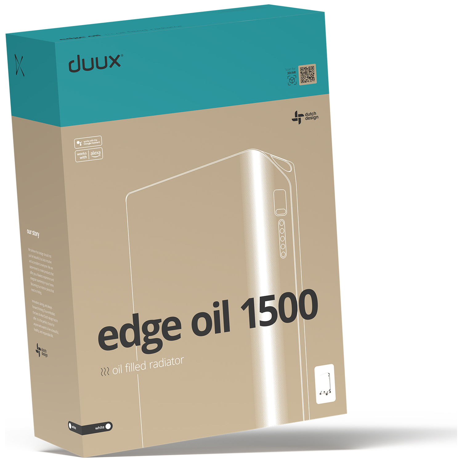 Doos van Duux Edge Oil 1500 oliegevulde radiator. Het heeft een teal en beige kleurenschema. De doos heeft tekst en een productafbeelding.