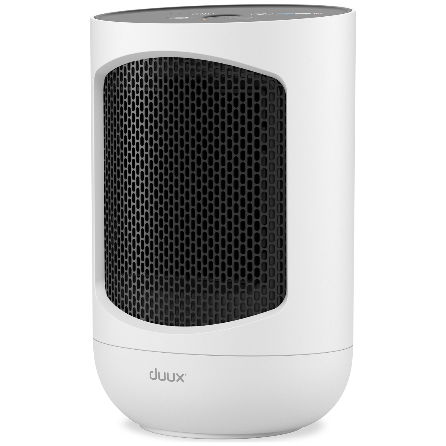 Een witte, cilindrische ruimteverwarmer met een zwart gaasfront. De kachel heeft een afgeronde basis en een bedieningspaneel bovenop.
