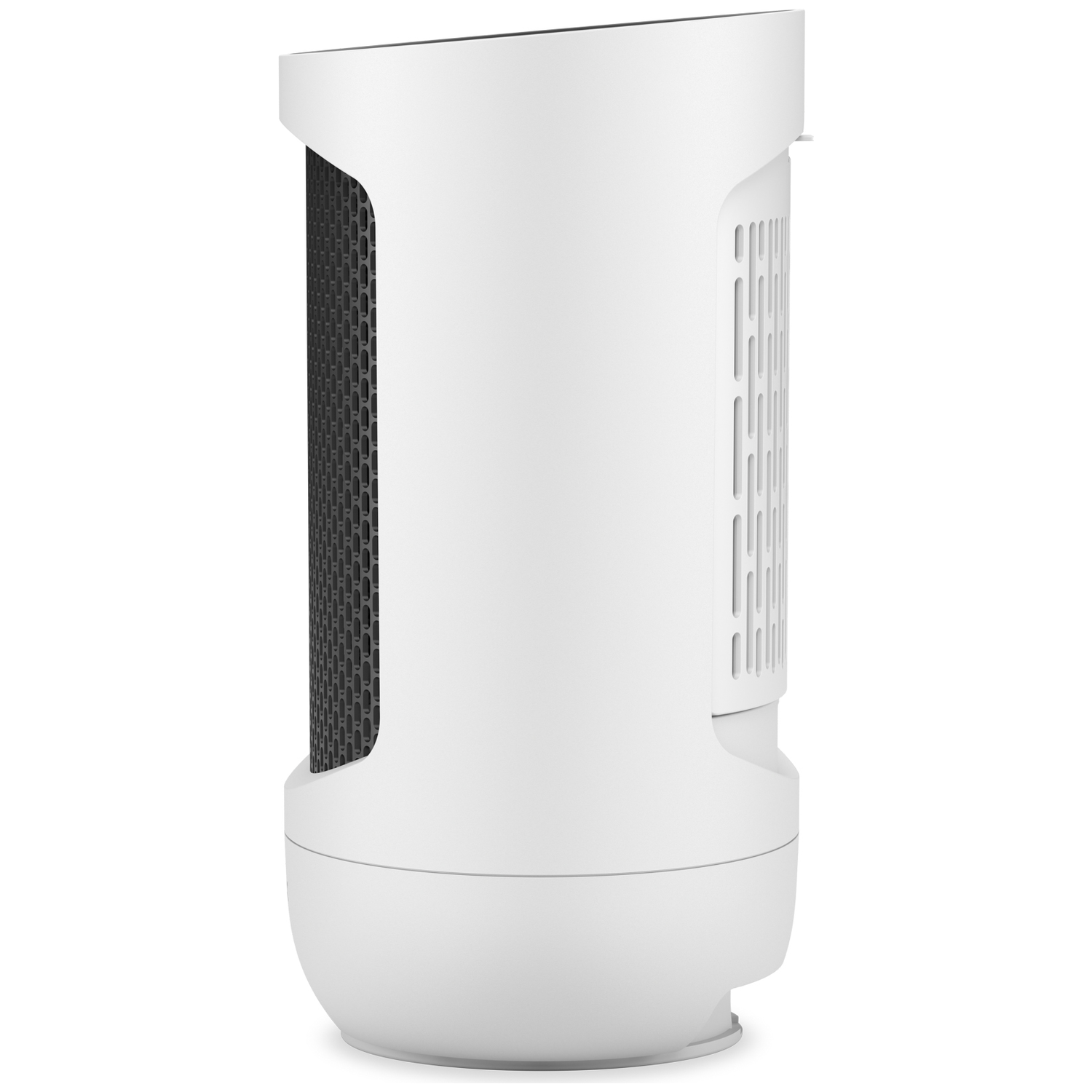 Een witte, cilindrische luchtreiniger met een zwart gaasfilter en verticale ventilatiesleuven. De basis is afgerond.