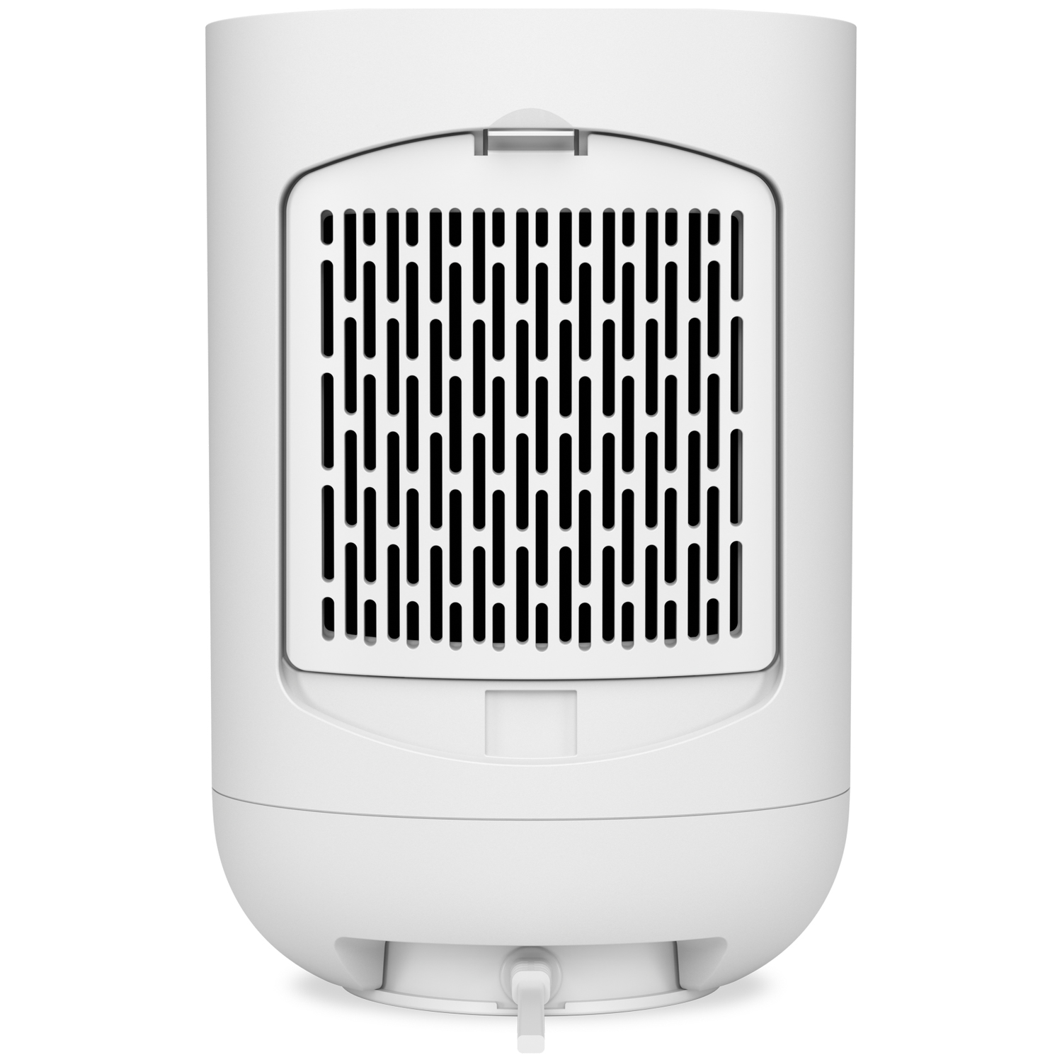 Een witte luchtreiniger met een zwart rooster aan de achterkant, een kleine tuit aan de onderkant en een afgerond ontwerp.