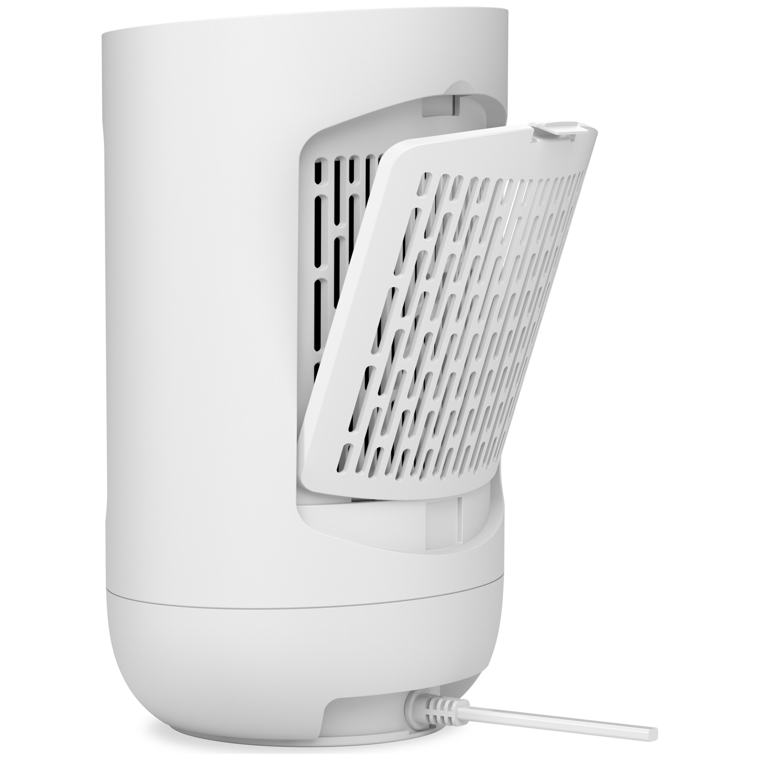 Een witte luchtreiniger met een open paneel dat een zwart filter onthult. Een netsnoer komt uit de basis.
