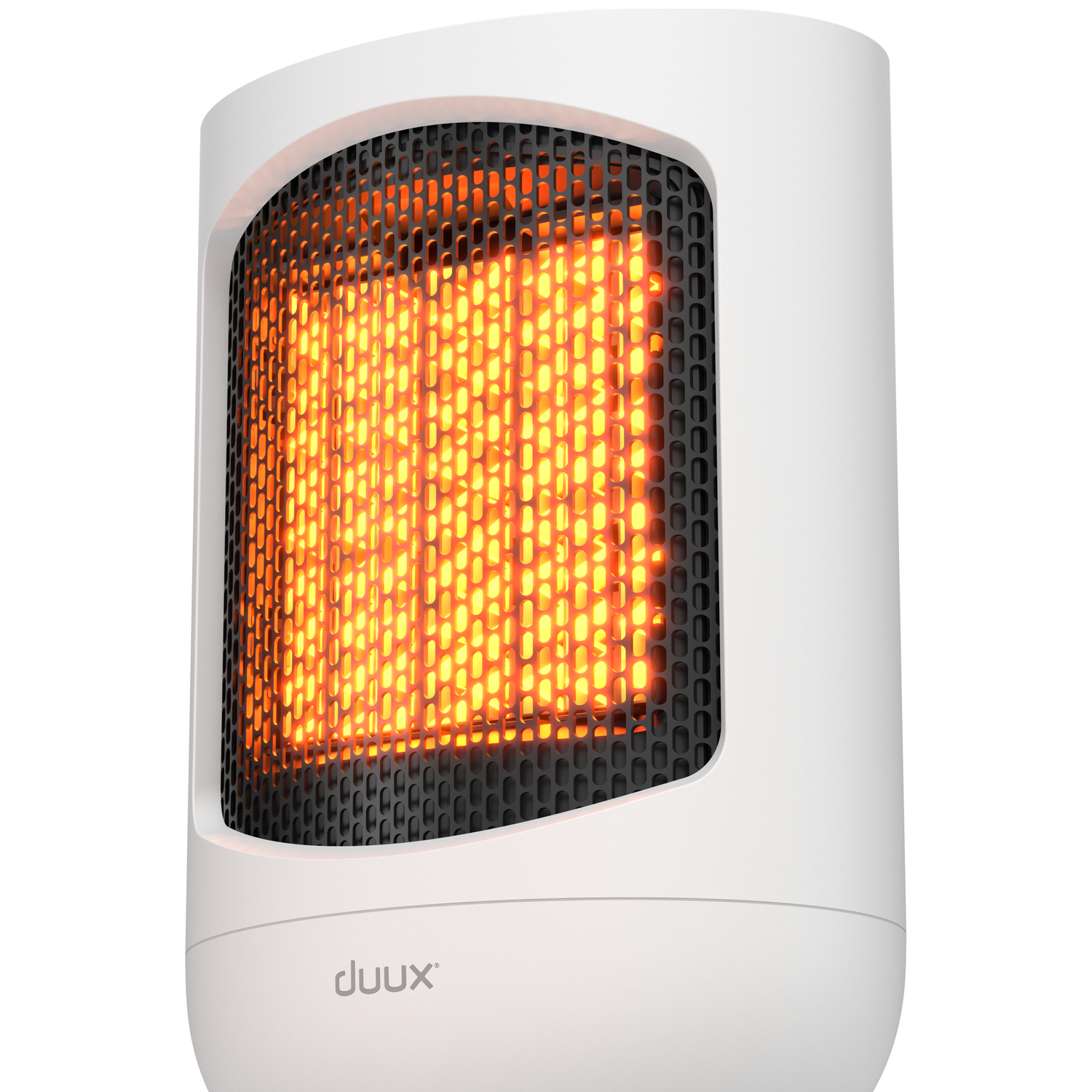 Een witte, cilindrische kachel met een zwart gaasfront dat een oranje gloed laat zien. Het merk 'duux' is zichtbaar.