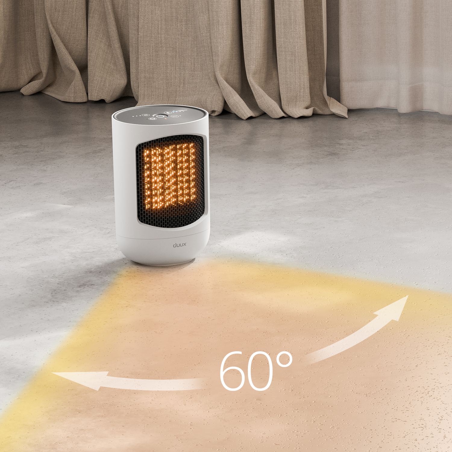 Een witte elektrische kachel staat op een betonnen vloer. Het heeft een warmteverdeling van 60 graden, aangegeven door pijlen. Beige gordijnen op de achtergrond.