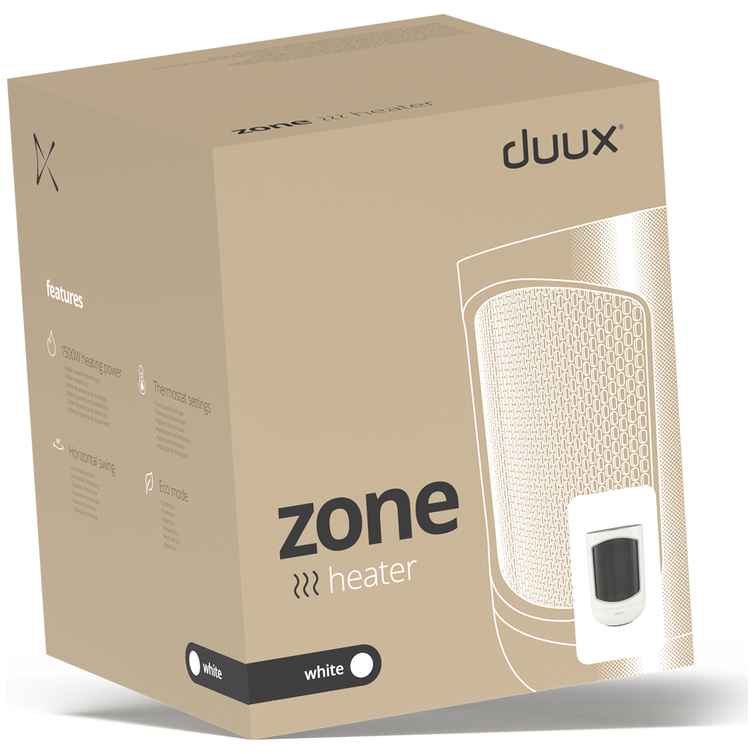Kartonnen doos van een witte Duux Zone-kachel. Kenmerken en specificaties staan op de doos. De merknaam is zichtbaar.