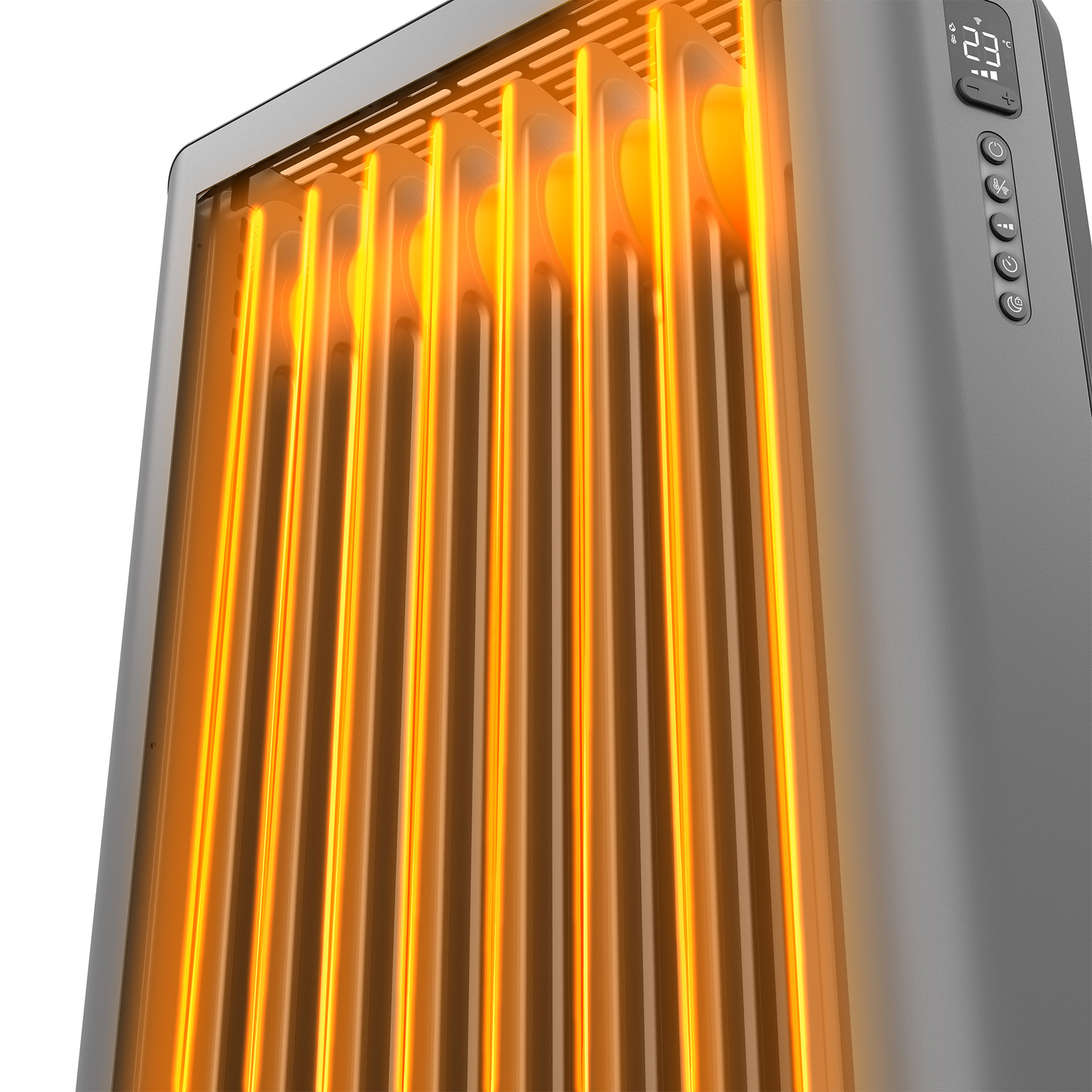 Een grijze elektrische kachel met gloeiende oranje verwarmingselementen. Het heeft een digitaal display en bedieningsknoppen.