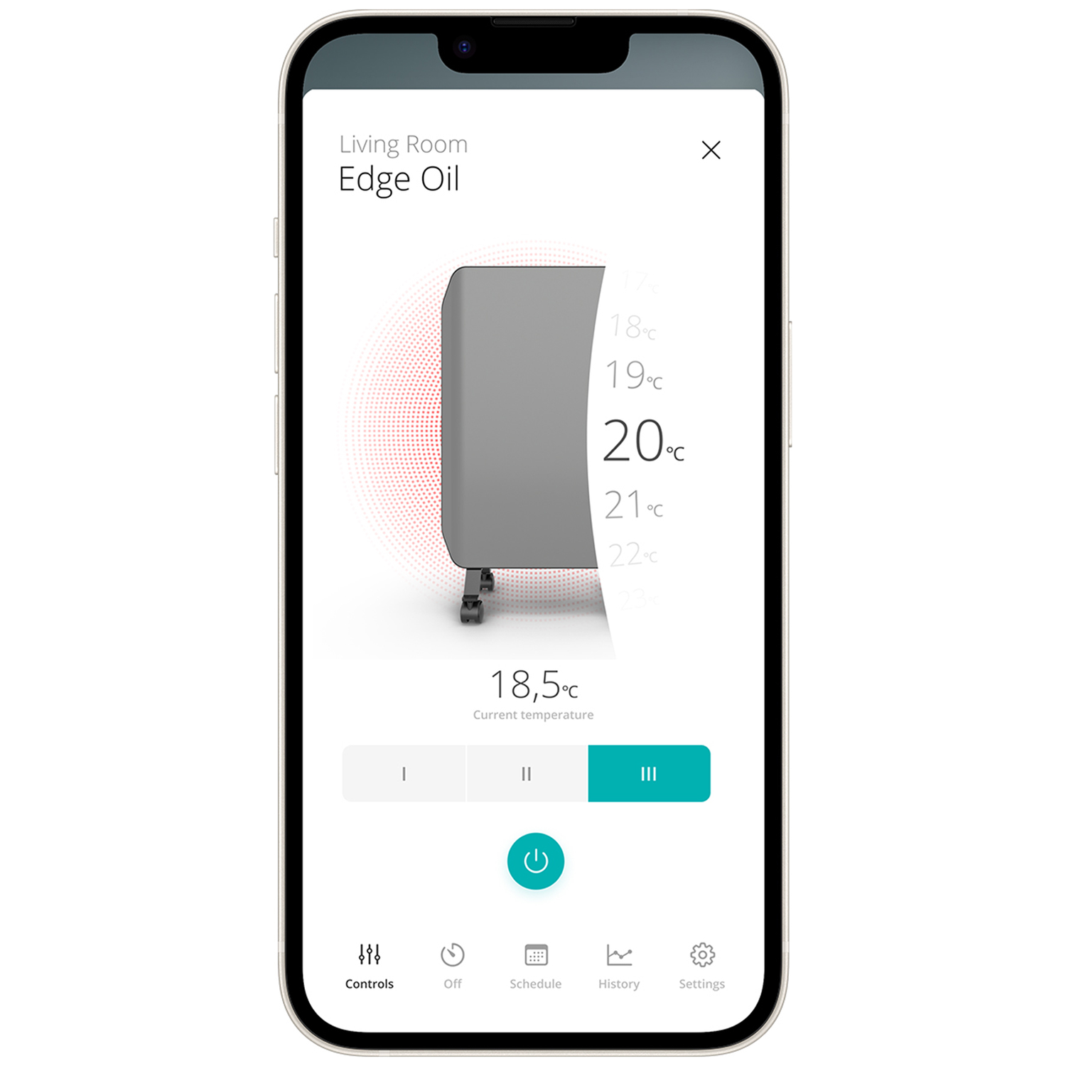 Smartphone met een verwarmingsapp. Toont temperatuurregelaars, huidige temperatuur en instellingsopties. Een verwarming wordt getoond.