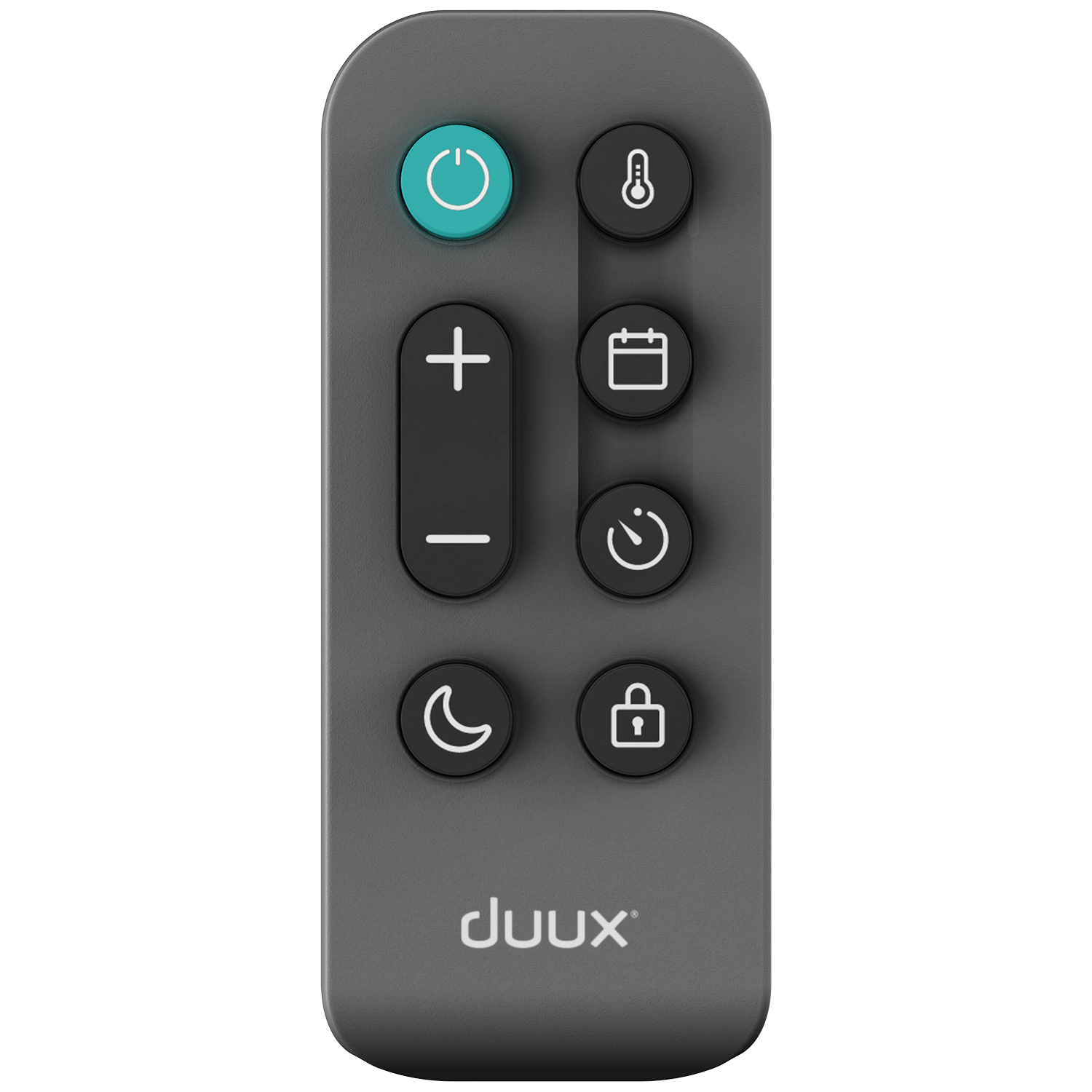 Grijze afstandsbediening met knoppen voor aan/uit, temperatuur, kalender, timer, maan en slot. Merk: 'duux'.