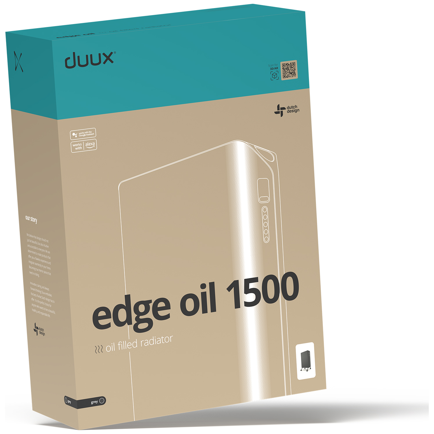 Doos van Duux edge oil 1500 radiator. Grijs en turkoois. Productnaam op de voorkant. Nederlands design label. Werkt met Google Assistant en Alexa.