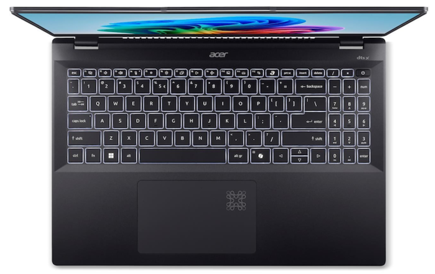 Portátil Acer negro desde arriba, teclado iluminado. La pantalla muestra arte abstracto colorido. Logotipo dtsx a la derecha.