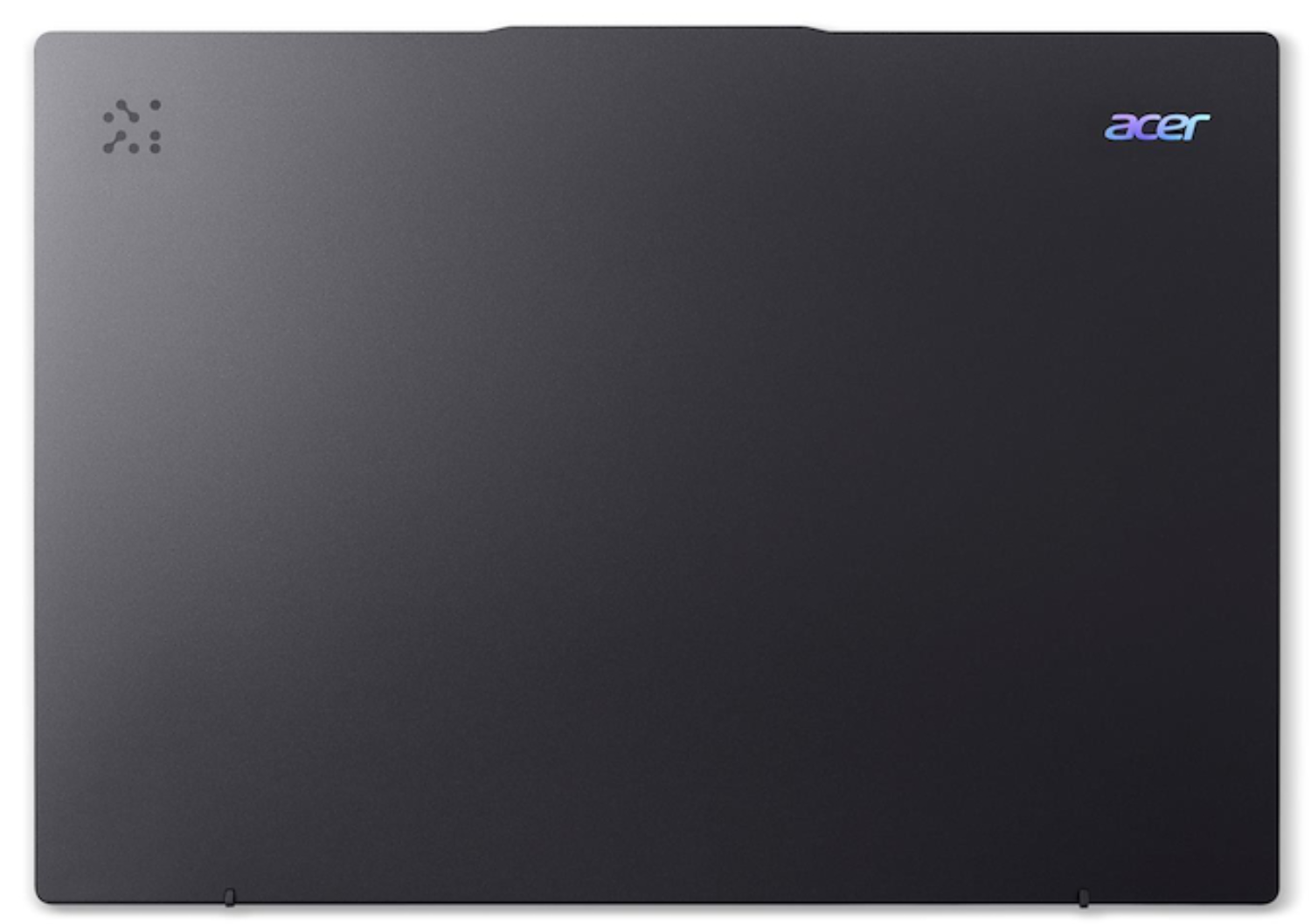 Tapa de portátil gris oscuro. Logotipo de Acer a la derecha. Pequeños puntos arriba a la izquierda. Tapa plana y lisa.