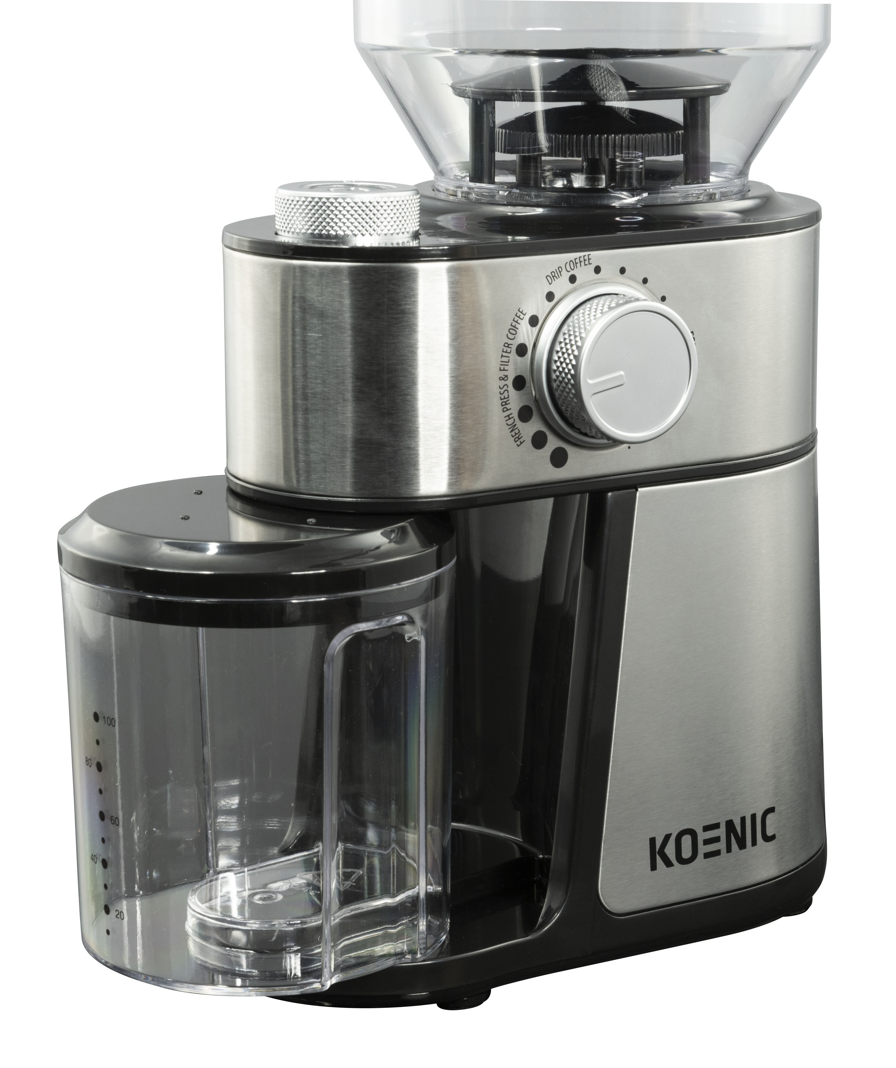 Młynek do kawy z przezroczystym pojemnikiem na ziarna, obudową ze stali nierdzewnej i pojemnikiem na zmieloną kawę. Logo KOENIC.