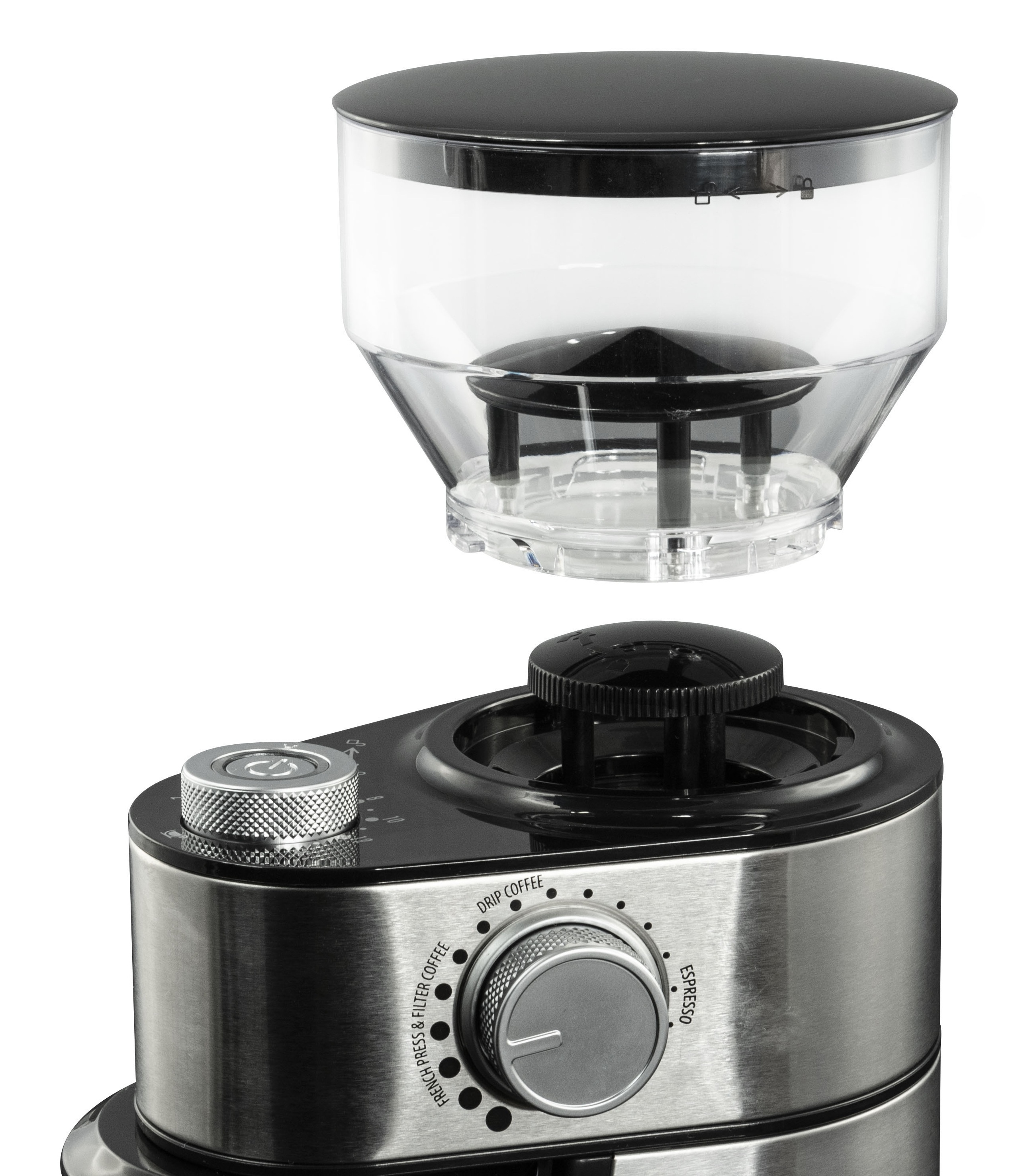 Młynek do kawy z przezroczystym pojemnikiem na ziarna i czarną pokrywą. Podstawa ze stali nierdzewnej z ustawieniami.