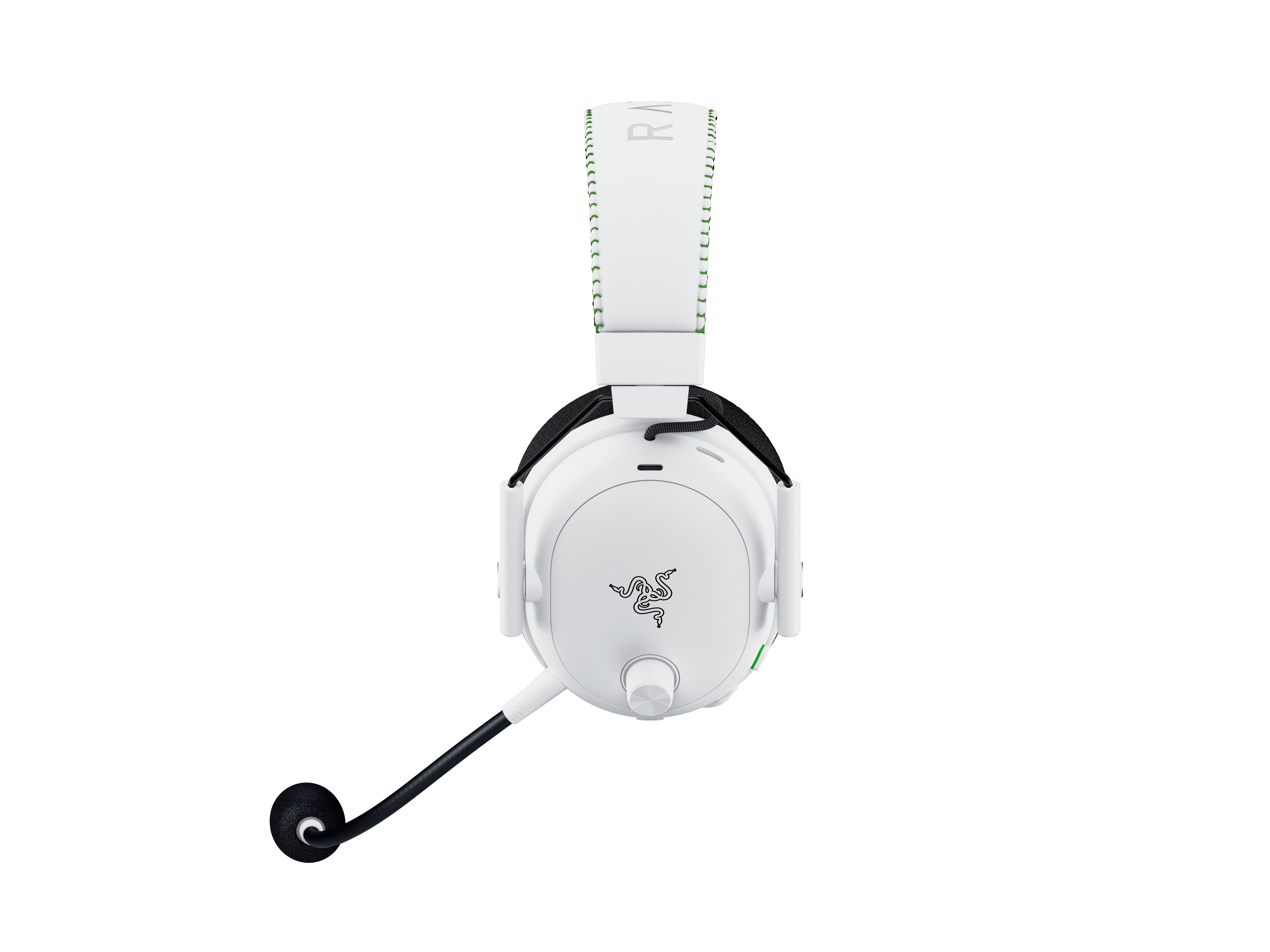 Weißes Gaming-Headset mit schwarzem Mikrofon auf weißem Hintergrund. Razer-Logo sichtbar.