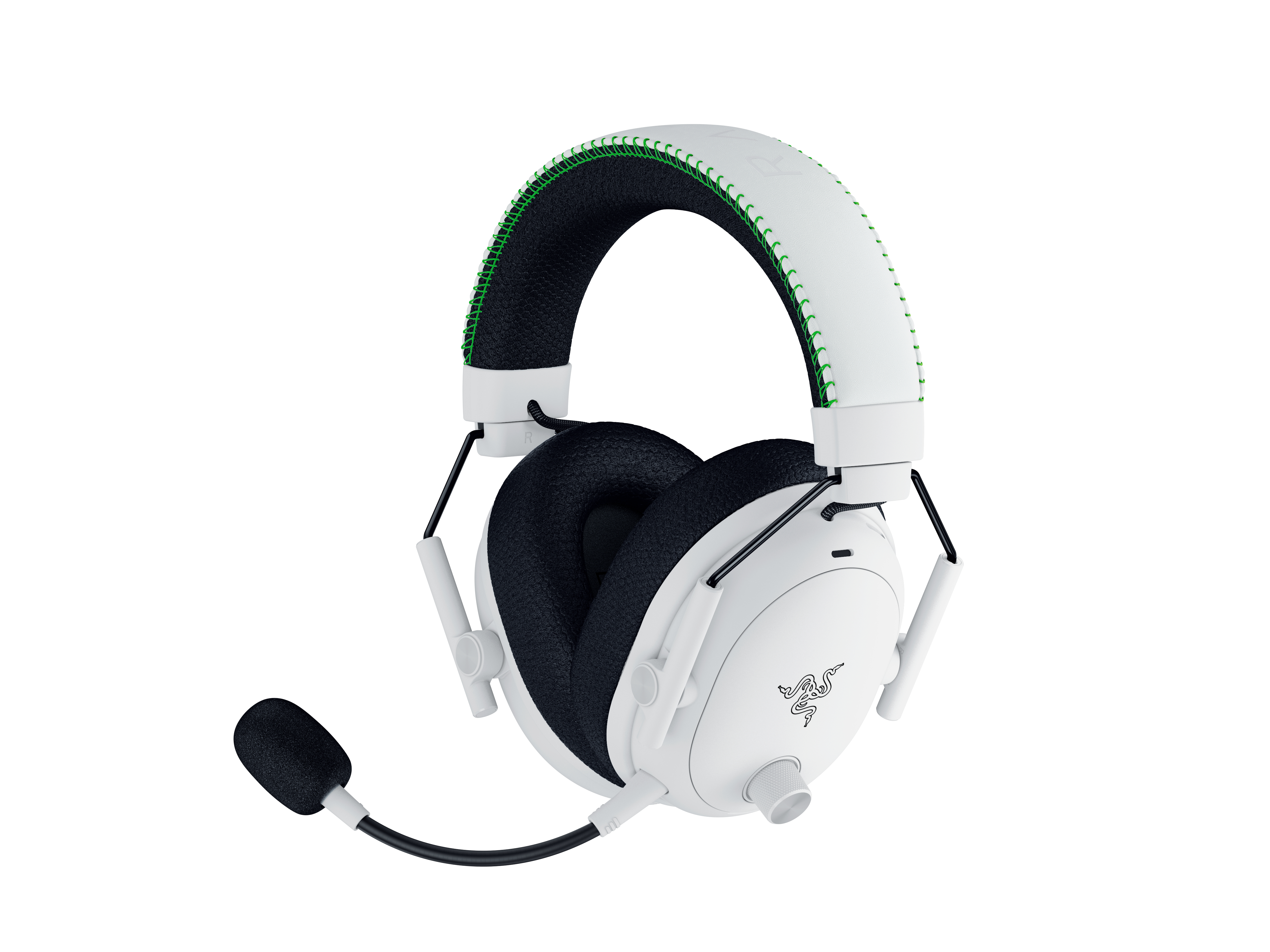 Weißes Gaming-Headset mit schwarzen Ohrmuscheln und grünen Nähten. Es hat ein Mikrofon und ein Razer-Logo.
