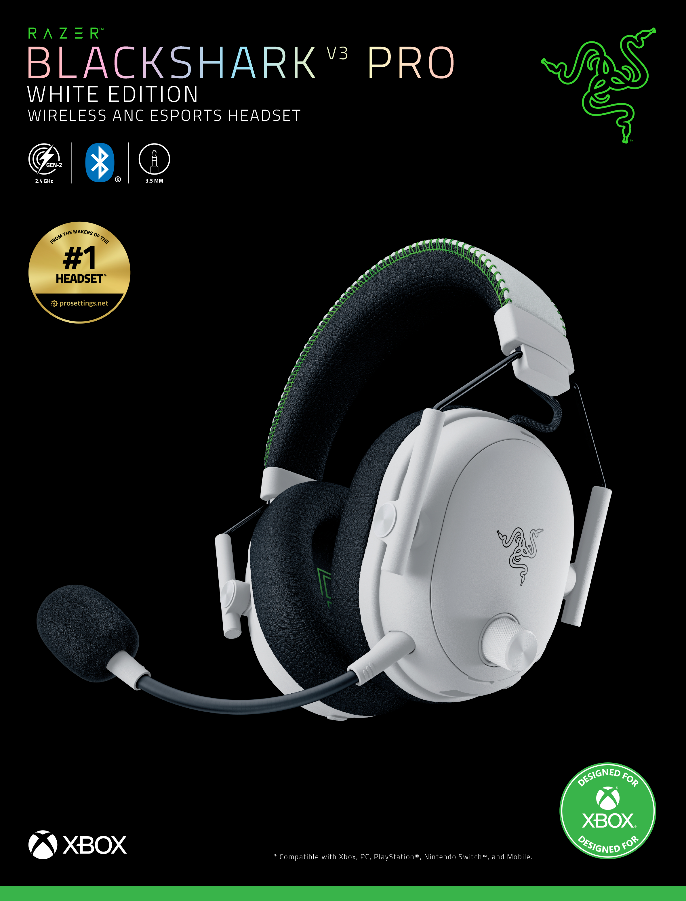 Weißes Razer BlackShark V3 Pro Headset. Mit Mikrofon. Text enthält Razer, Xbox und 'Wireless ANC'.