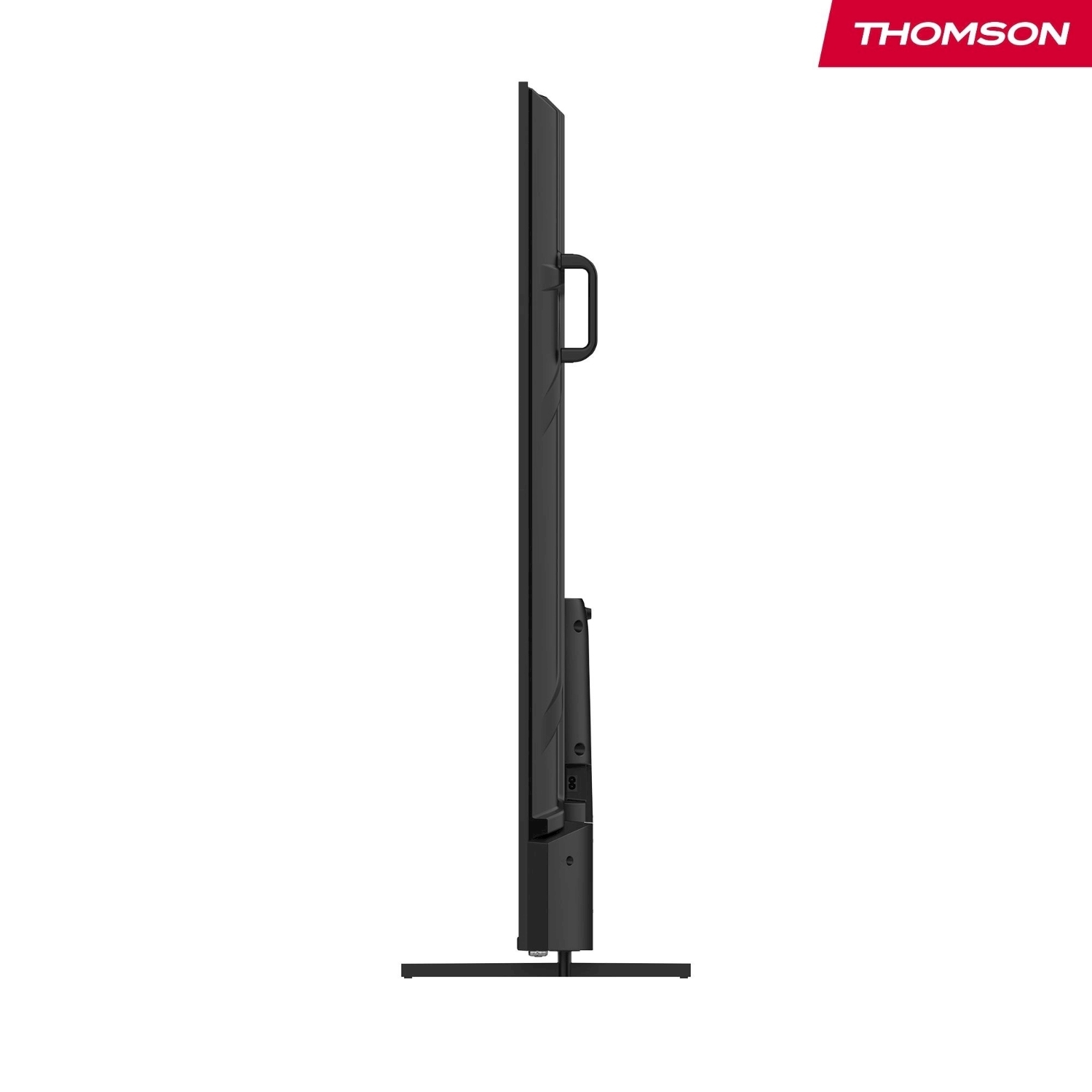 Vista laterale di una TV Thomson nera. Ha una maniglia in alto e un supporto in basso. Lo sfondo è bianco.