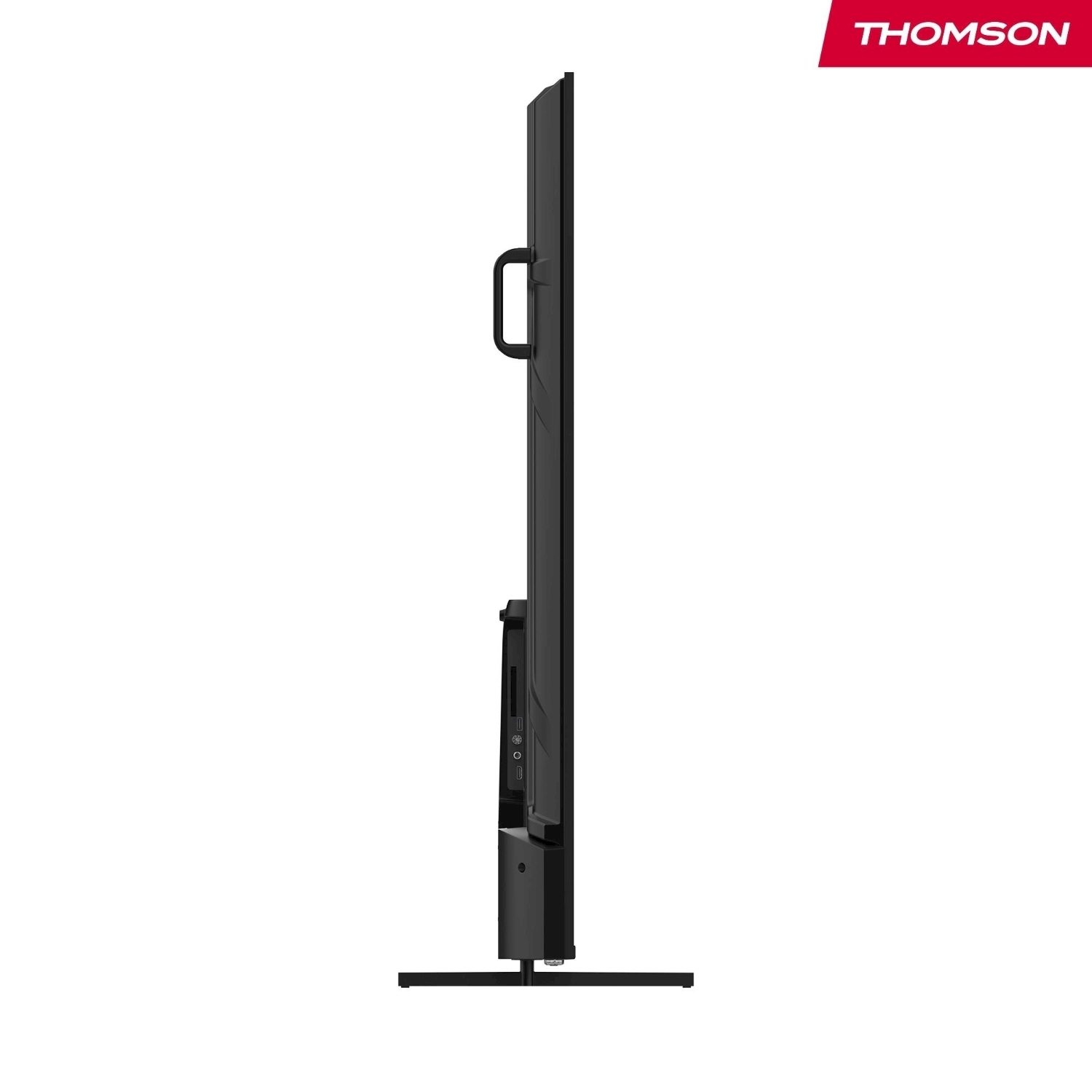 Vista laterale di un televisore Thomson nero. Ha una maniglia ed è su un supporto nero. Il logo Thomson è rosso in alto a destra.