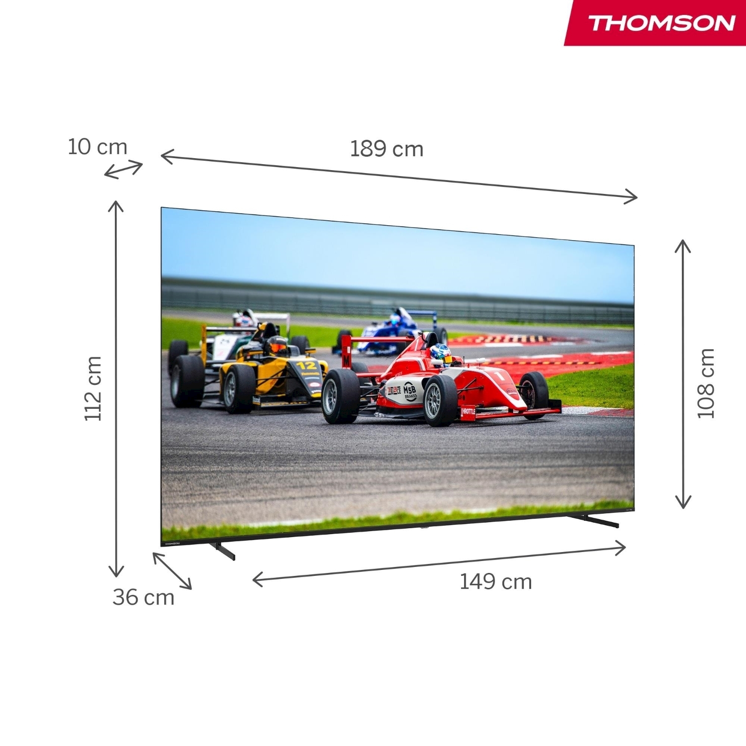Un televisore Thomson mostra auto da corsa su una pista. Le dimensioni sono: 189 cm, 112 cm, 149 cm. Il logo del marchio è in alto a destra.