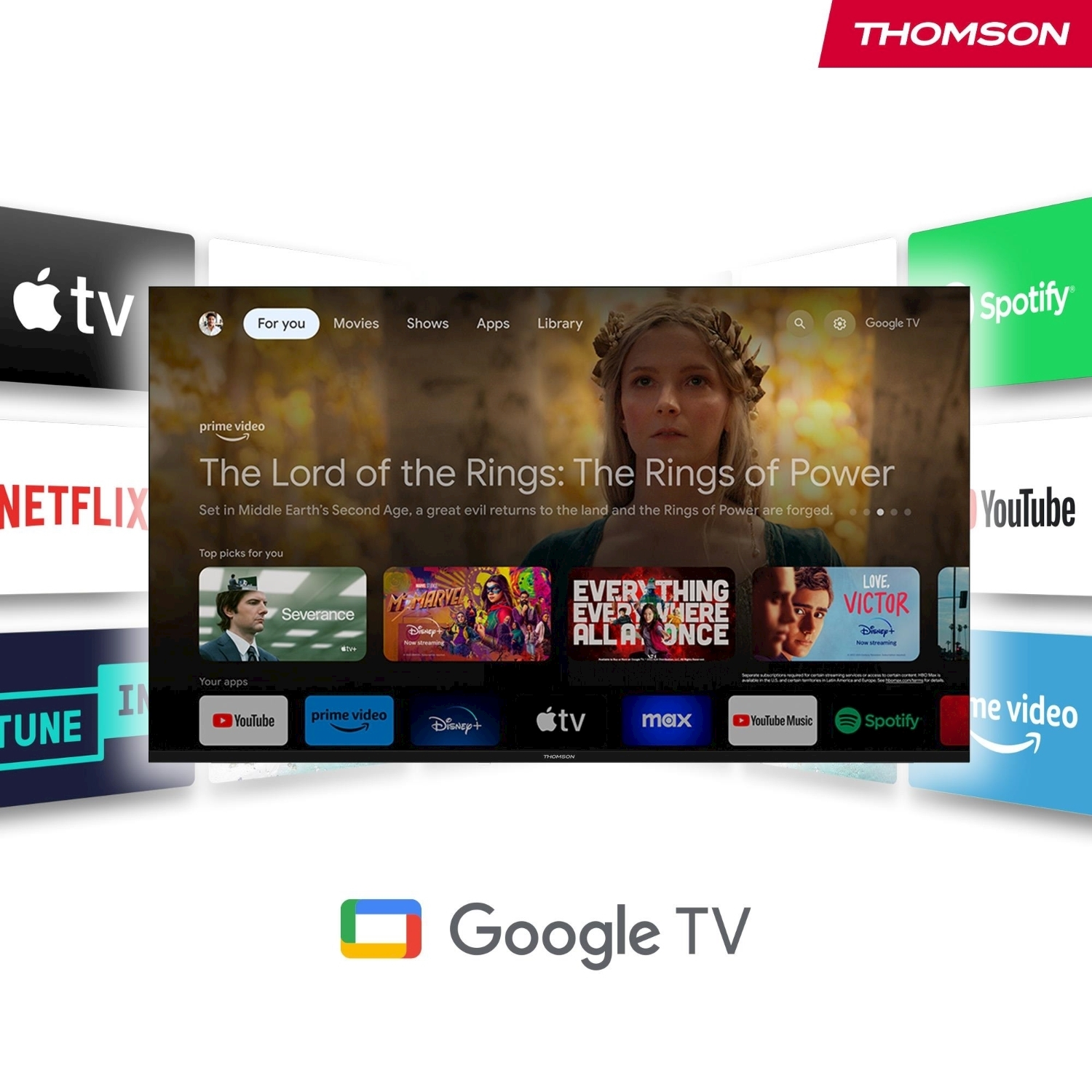 Uno schermo TV mostra l'interfaccia di Google TV con app come Netflix, YouTube e Spotify. Il Signore degli Anelli è in evidenza.