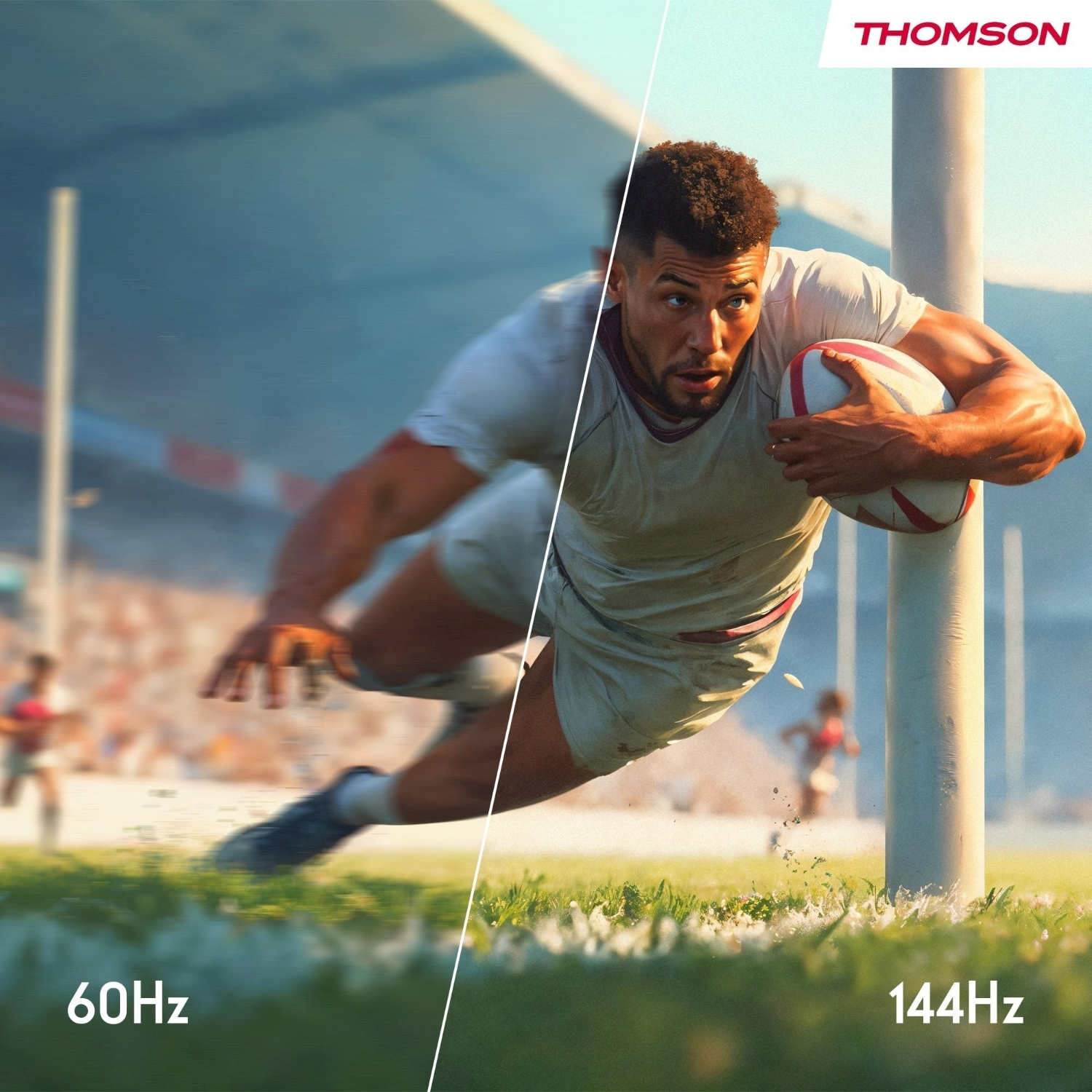 Giocatore di rugby che si tuffa con la palla verso il palo della porta. Stadio sullo sfondo con erba in primo piano. Testo 60Hz e 144Hz sull'immagine.