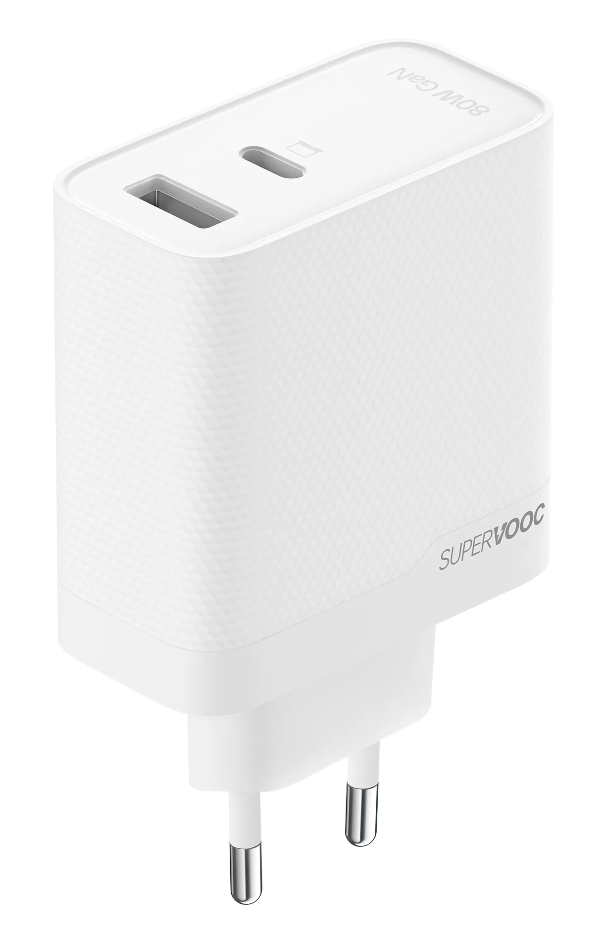Biała ładowarka SuperVOOC 80W GaN z dwoma portami i wtyczką. Ma teksturowaną powierzchnię i nowoczesny design.