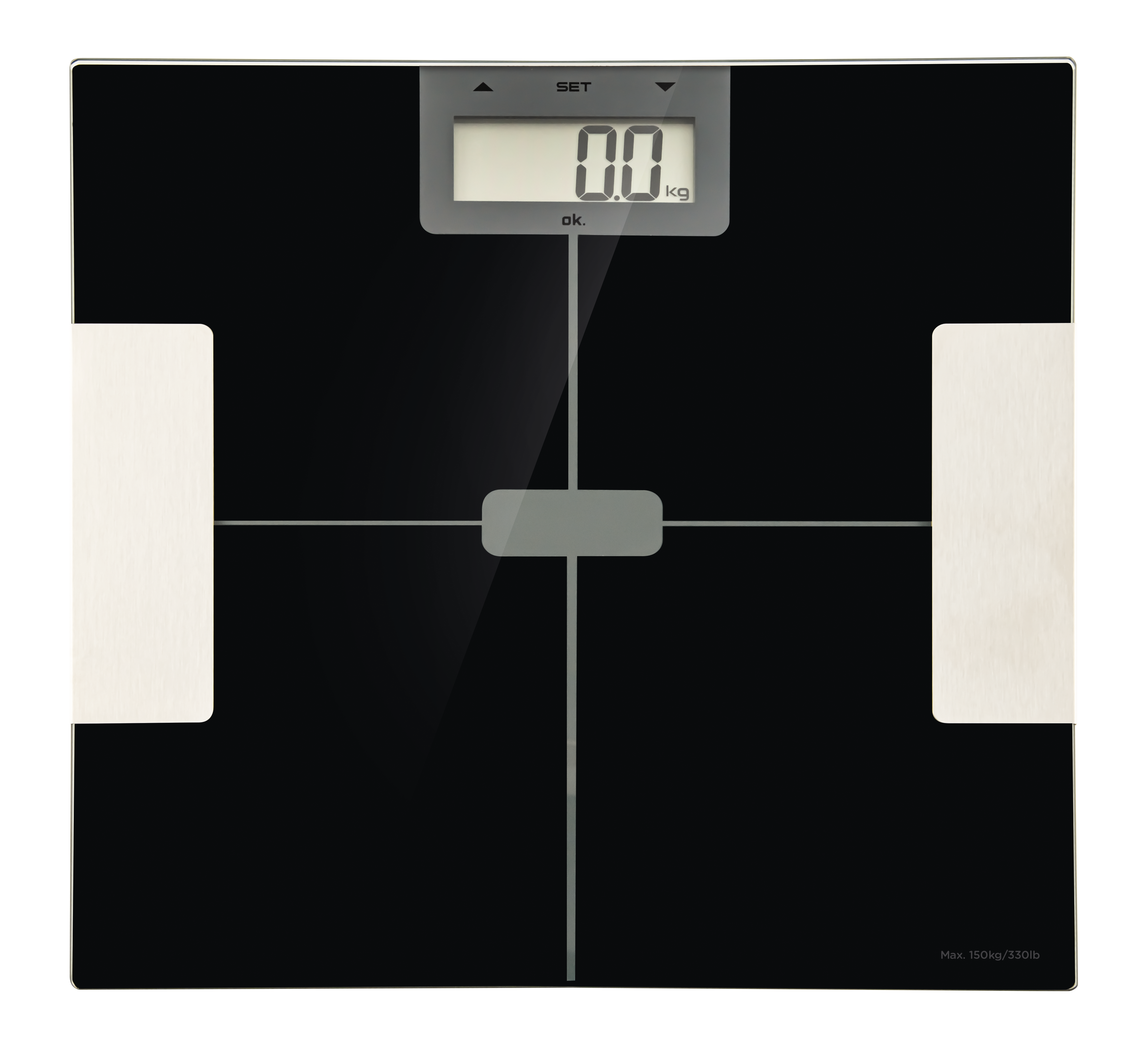 Czarna cyfrowa waga łazienkowa. Ma cyfrowy wyświetlacz pokazujący 0,0 kg. Po bokach białe podkładki.