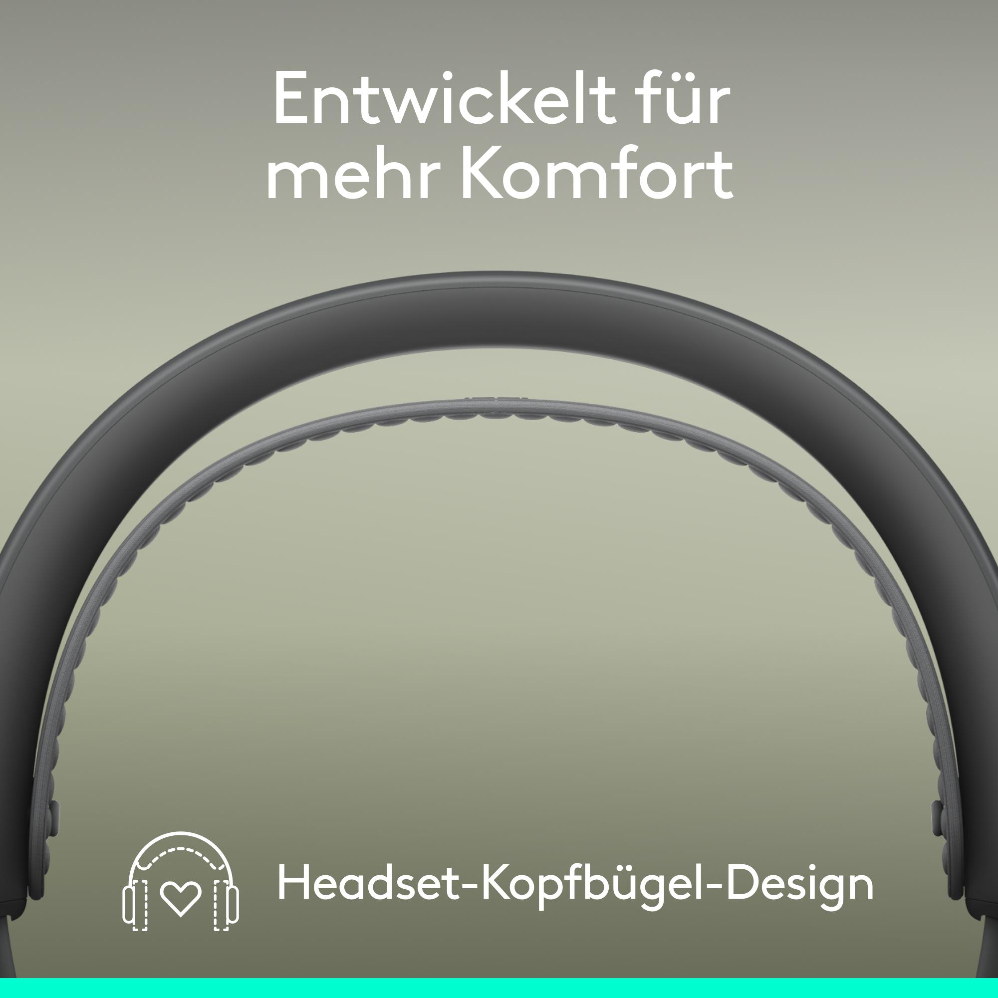 Kopfhörer-Design mit Text 'Entwickelt für mehr Komfort'. Grauer Kopfhörer auf hellgrünem Hintergrund.