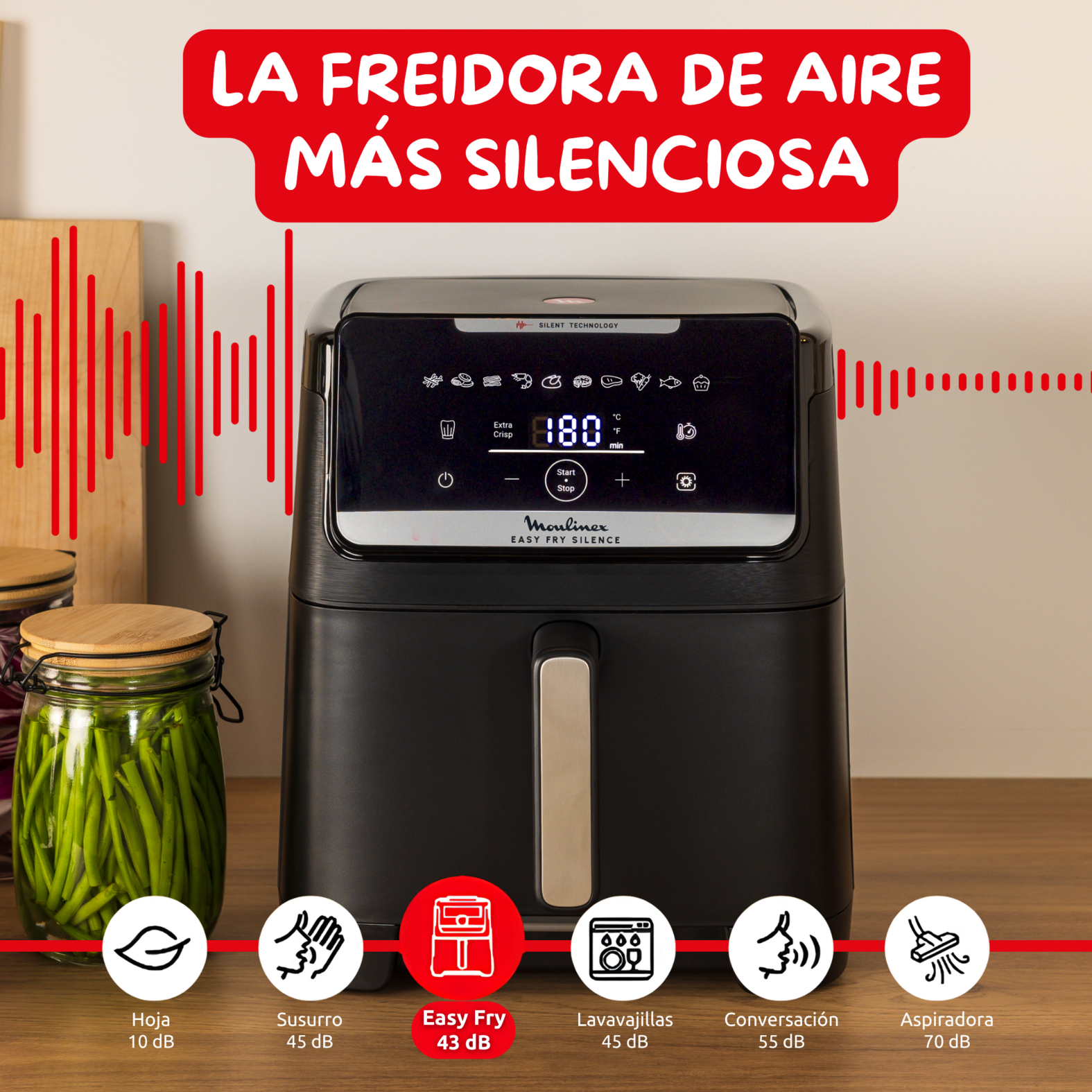 Una freidora de aire con pantalla digital que muestra 180 grados. El texto dice: 'La Freidora de Aire Más Silenciosa'.