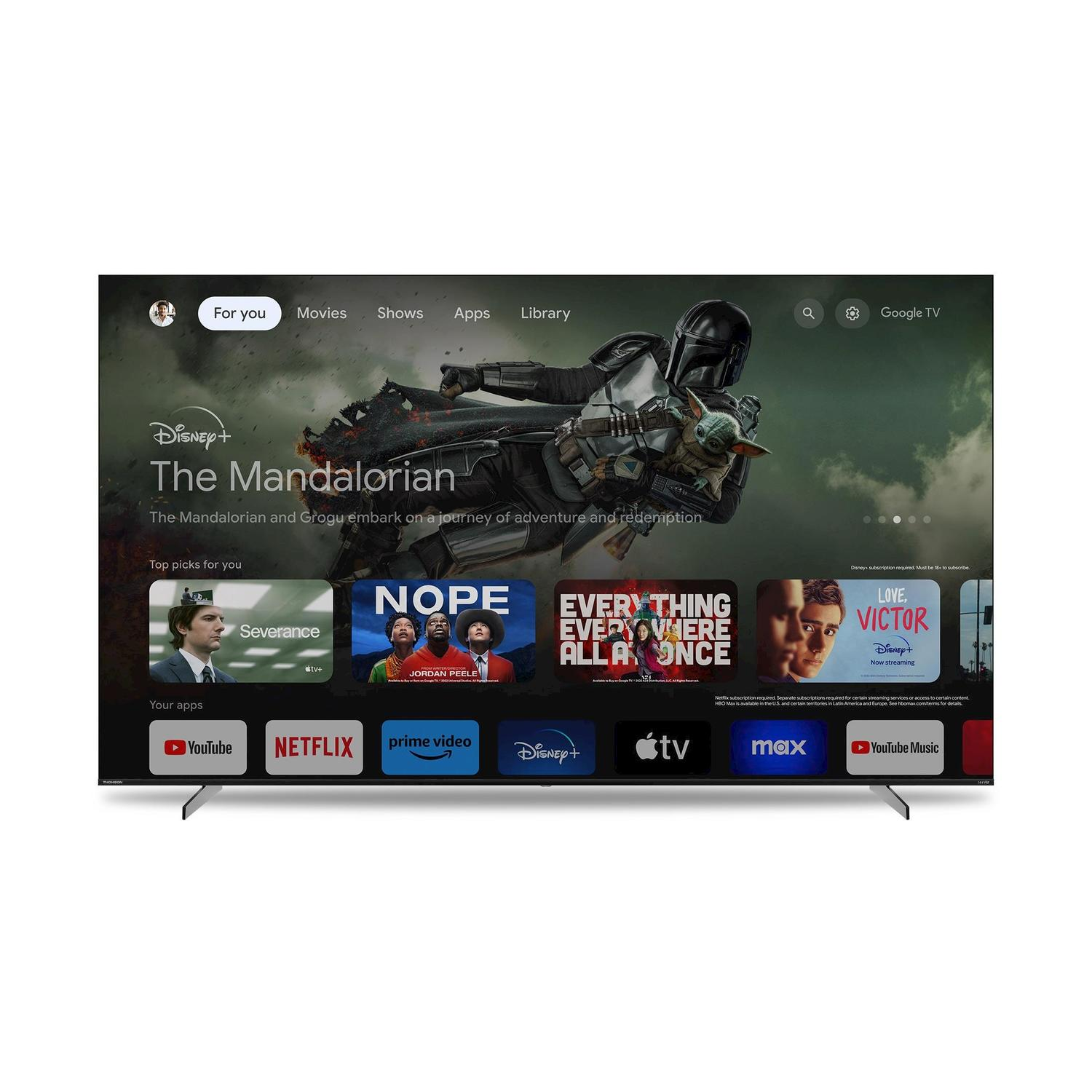 Uno schermo TV mostra l'app Disney+, con 'The Mandalorian'. Sono visibili anche altre app come Netflix e YouTube.