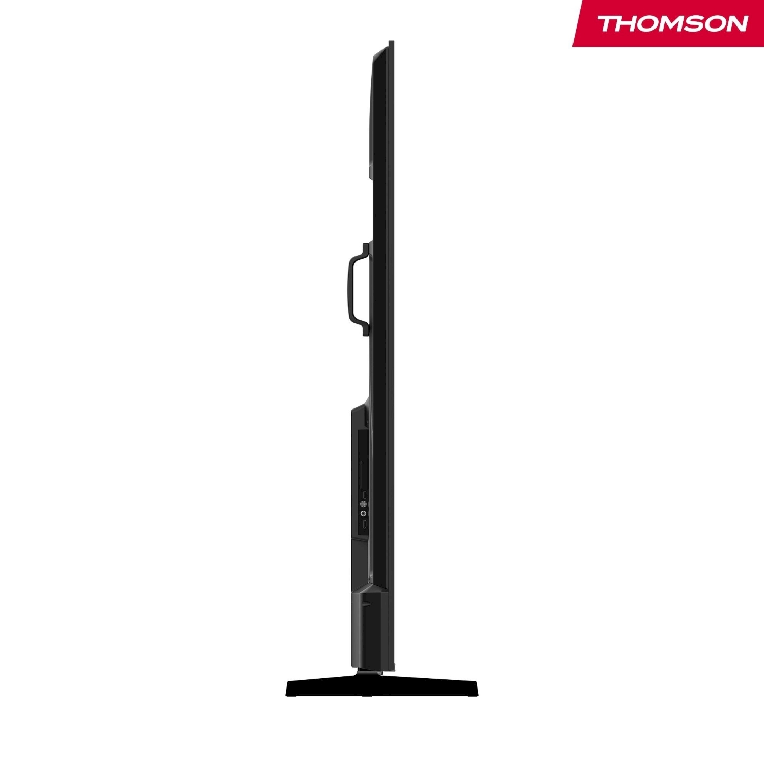 Vista laterale di una TV Thomson nera. Ha una maniglia. Lo sfondo è bianco e il logo Thomson si trova nell'angolo in alto a destra.