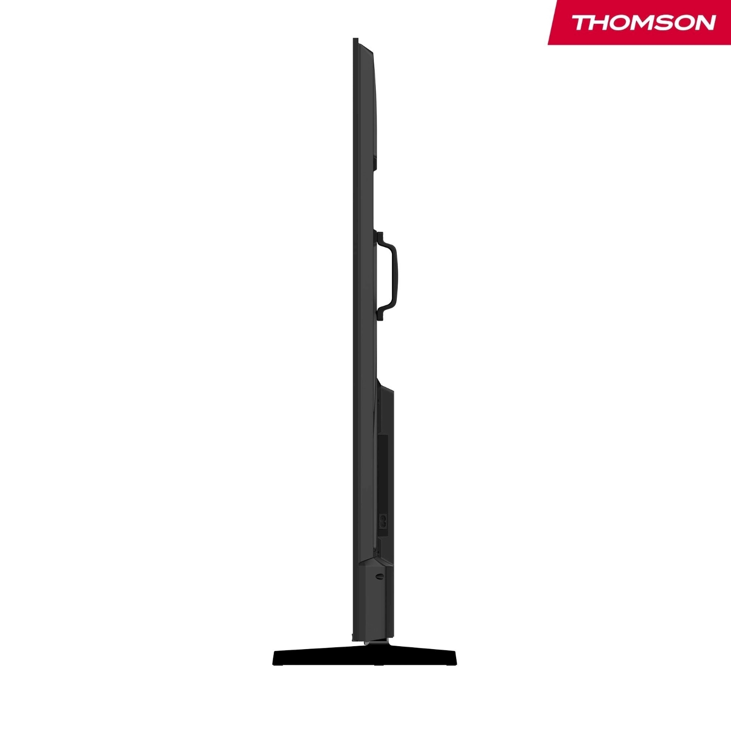 Vista laterale di un televisore Thomson nero. Ha una maniglia e si trova su un supporto nero. Il logo Thomson è visibile.