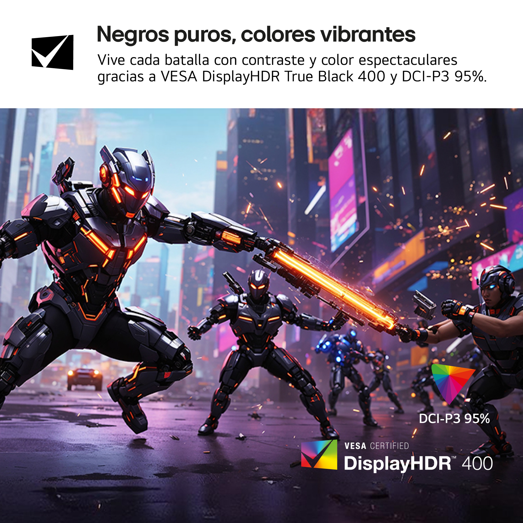 Escena de ciencia ficción con figuras blindadas luchando en una ciudad. Armas de energía naranja brillante e iluminación de neón.