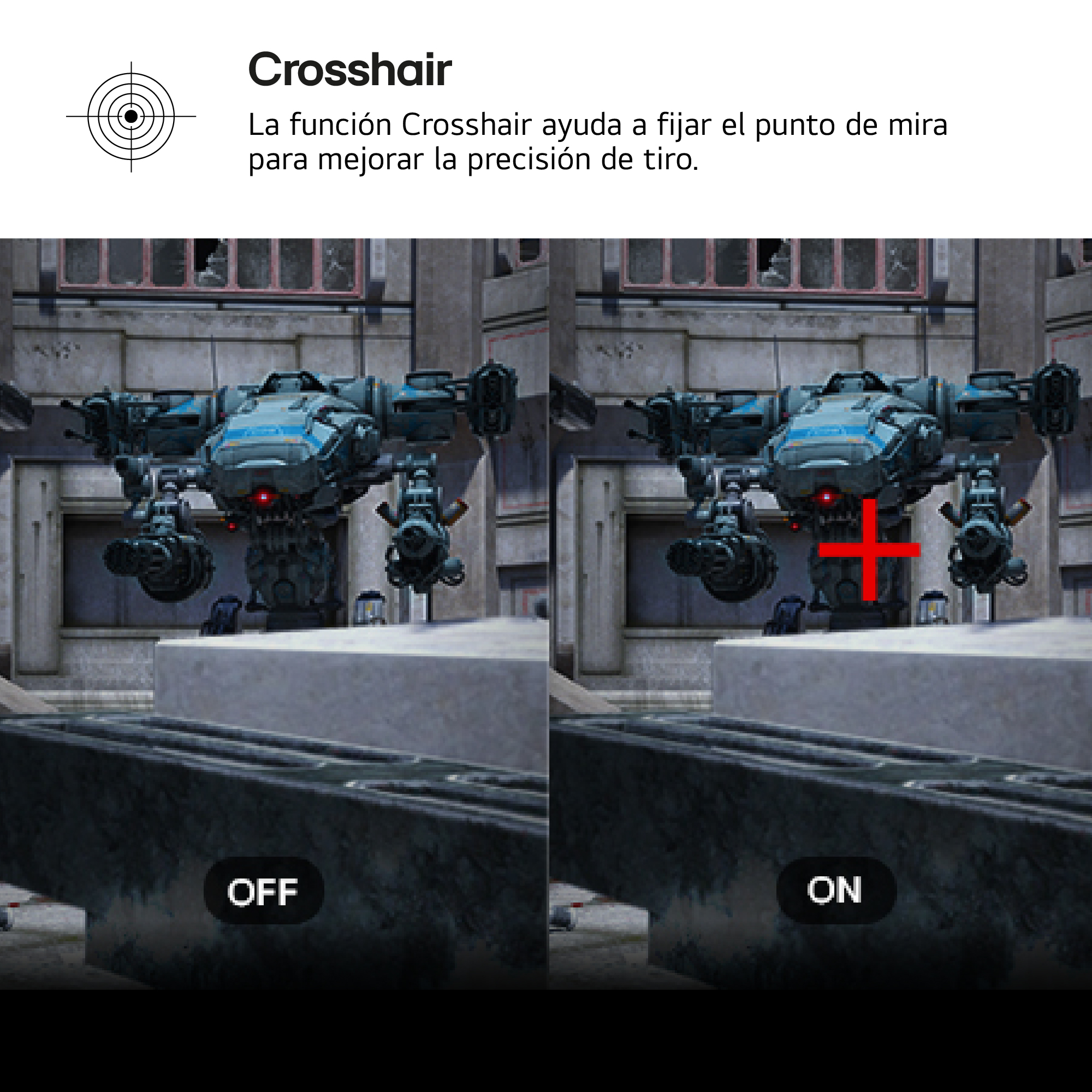 La imagen muestra un mech con y sin una mira roja. El texto dice 'Mira' y su función.
