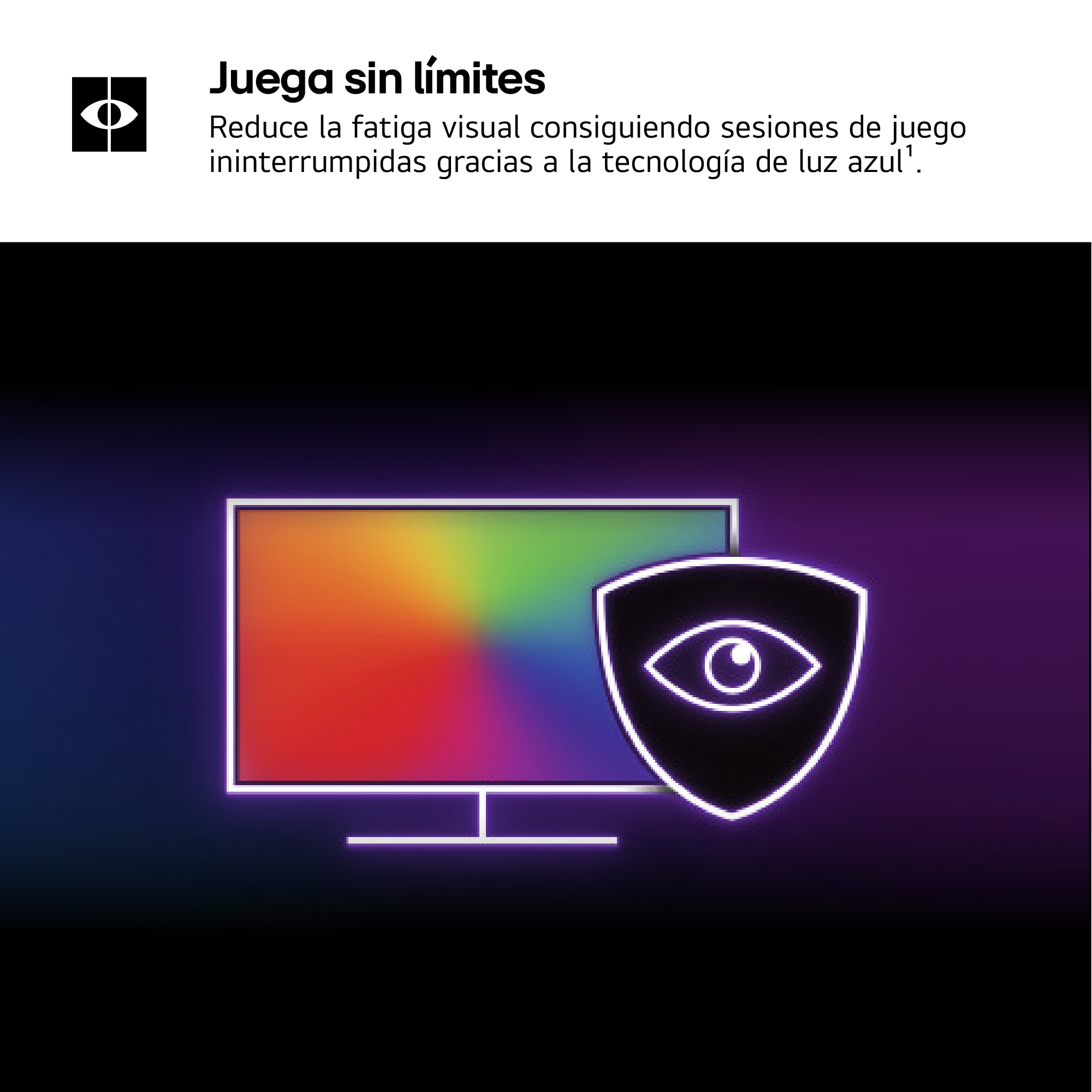 La imagen muestra una pantalla con gradientes de color, un escudo con un símbolo de ojo y texto.