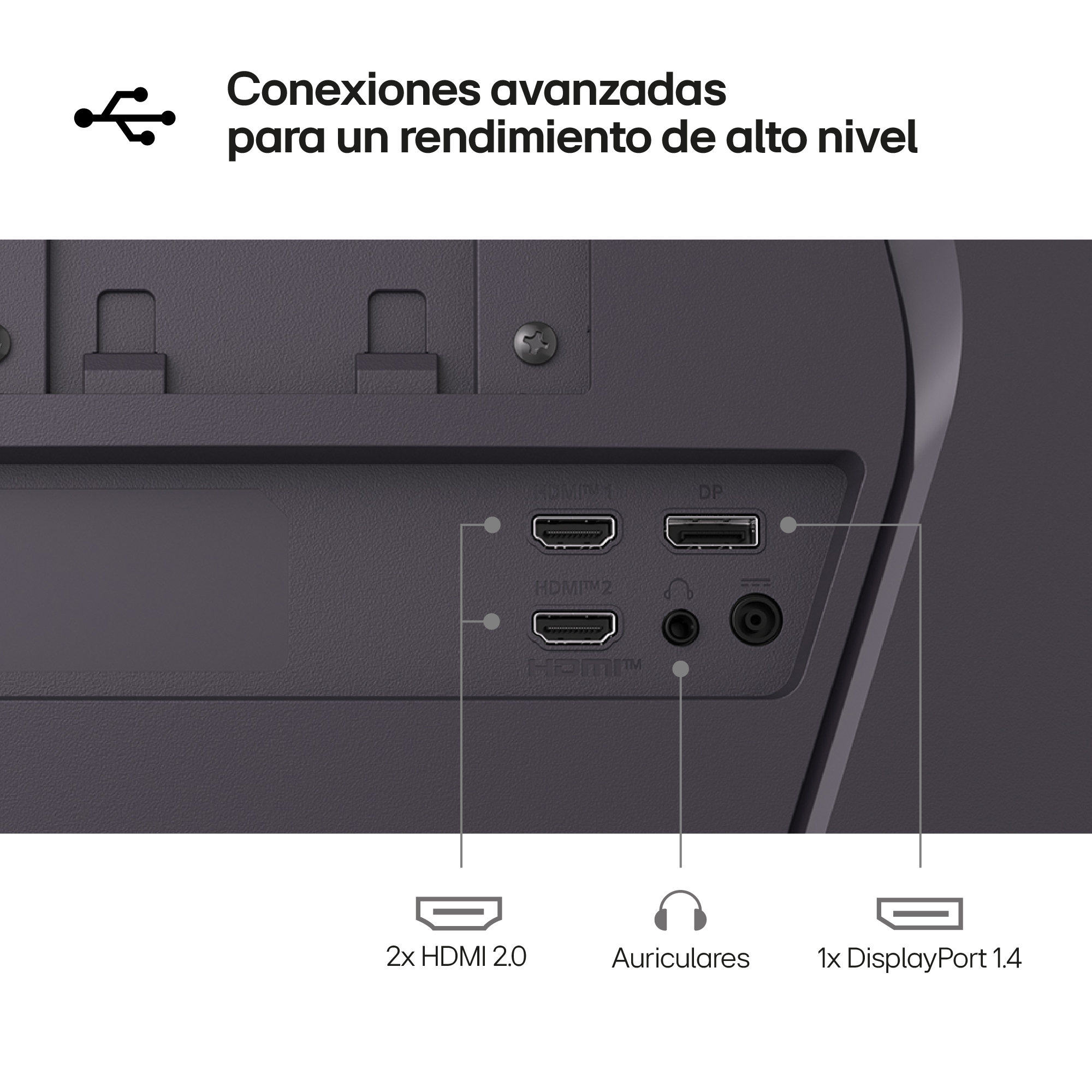 Primer plano del panel trasero de un monitor con puertos: HDMI, DisplayPort y conector para auriculares. Texto etiqueta puertos y funciones.
