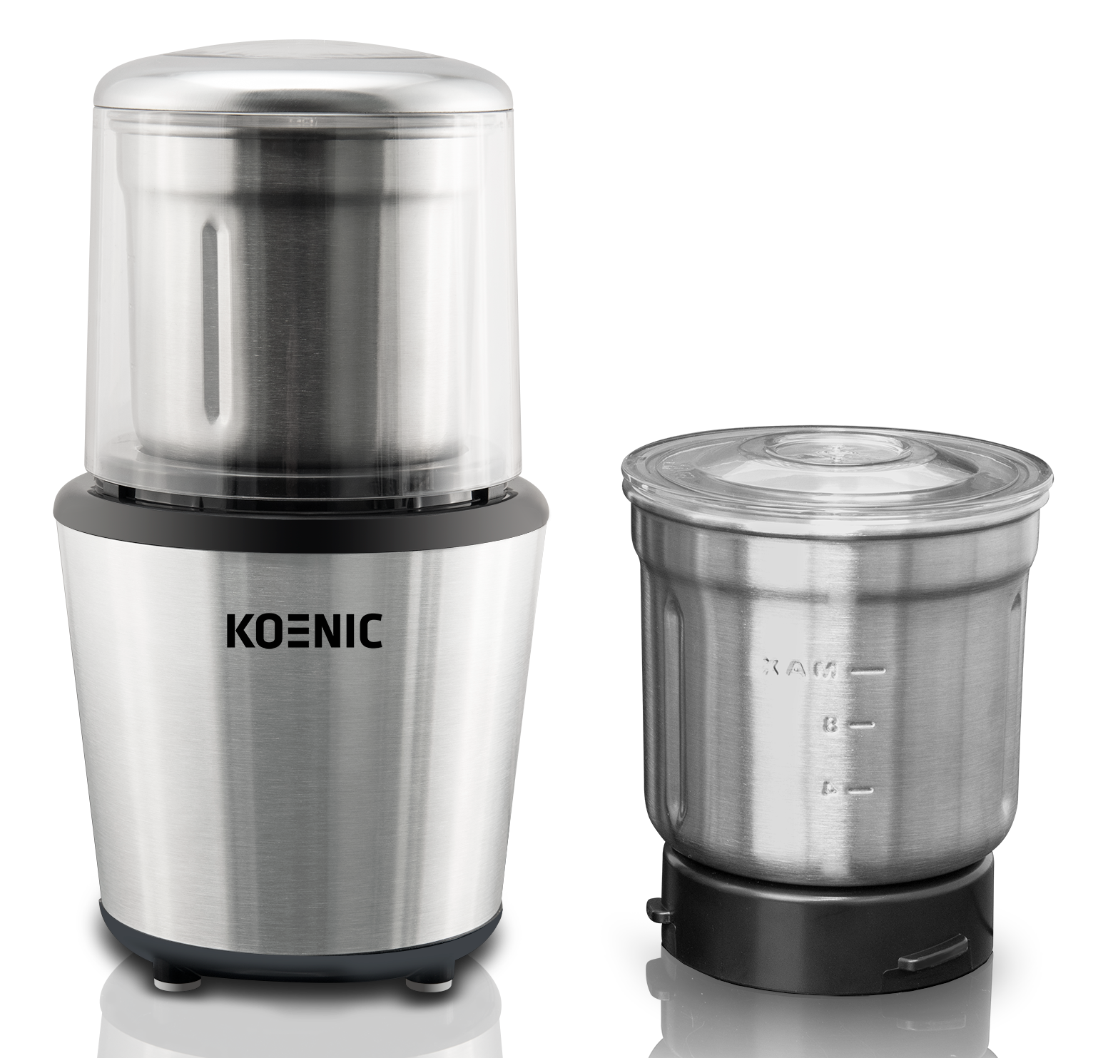 Srebrny i przezroczysty elektryczny młynek do kawy, z osobnym pojemnikiem ze stali nierdzewnej obok, na czarnym tle.