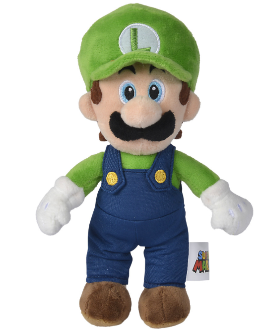 Ein Luigi-Plüschtier. Es hat eine grüne Mütze mit einem L, einen schwarzen Schnurrbart, blaue Latzhosen, weiße Handschuhe und braune Schuhe.