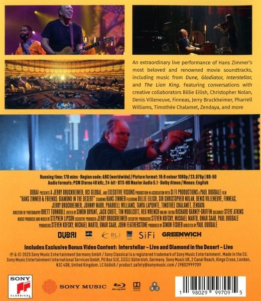 Poster für einen Film mit Hans Zimmer, Credits und einer Live-Performance-Szene mit Musikern und Publikum.