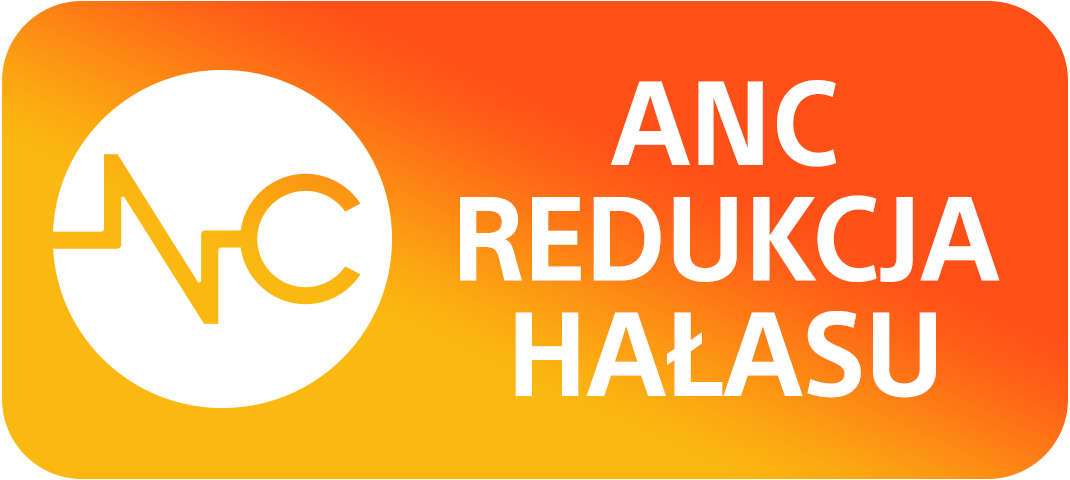 Obraz z tekstem: ANC, Redukcja, Hałasu. Białe koło ze stylizowanym logo ANC na pomarańczowym tle.