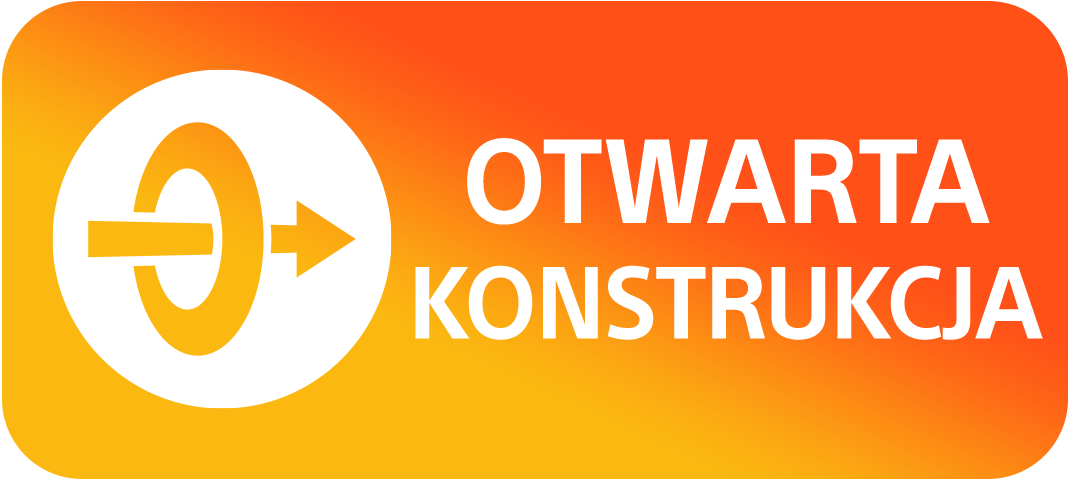 Obrazek przedstawia białe logo ze strzałką i tekst w języku polskim na pomarańczowym tle.