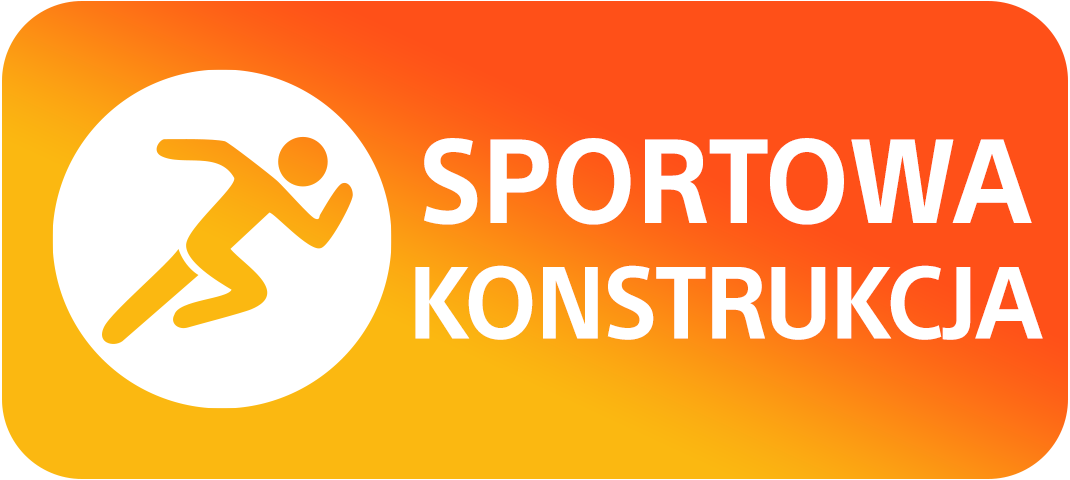 Logo z biegnącą postacią w białym kole i napisem 'SPORTOWA KONSTRUKCJA' na pomarańczowym tle.