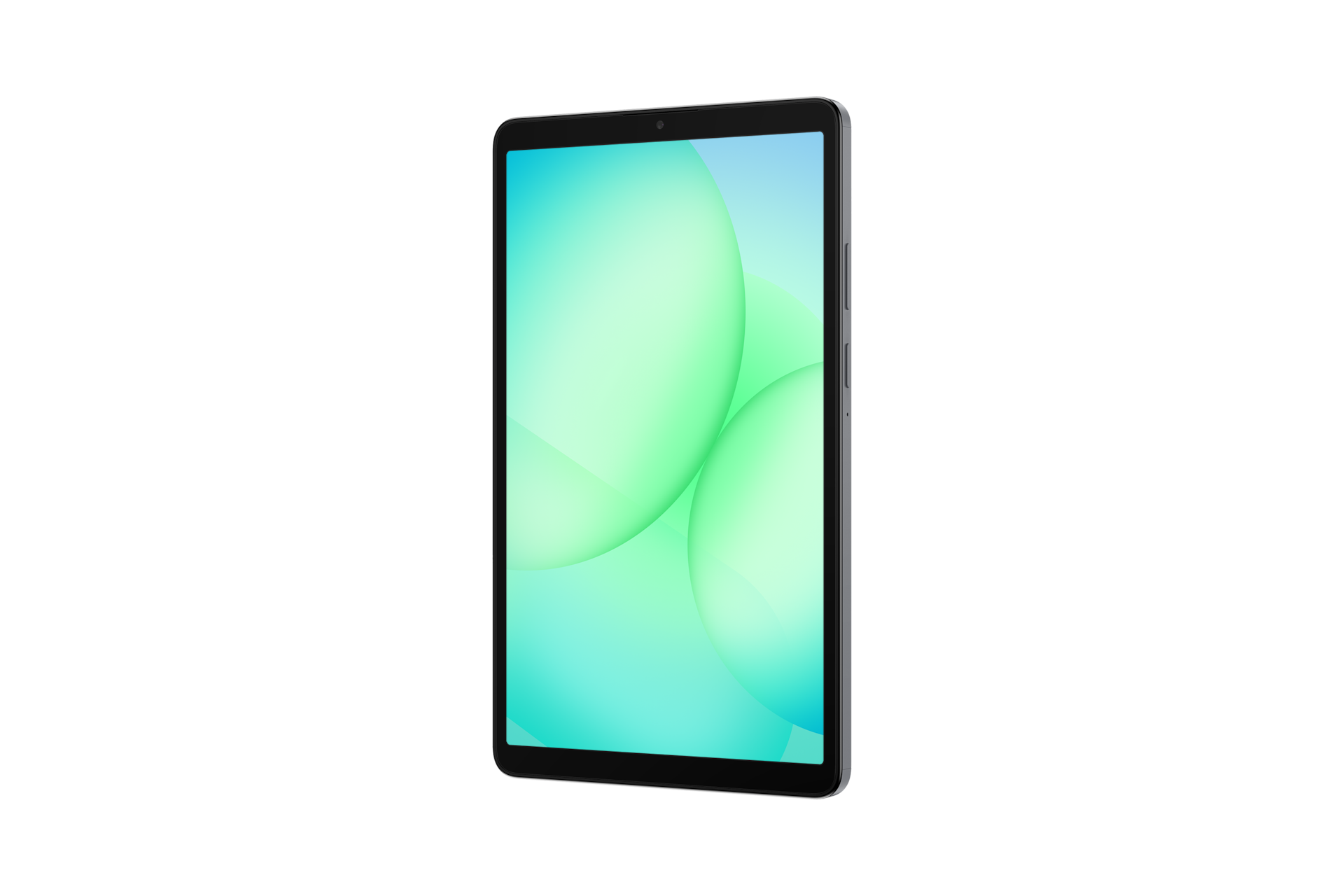 Tablet z jasnym zielono-niebieskim gradientem ekranu. Tablet jest szary, na czarnym tle.